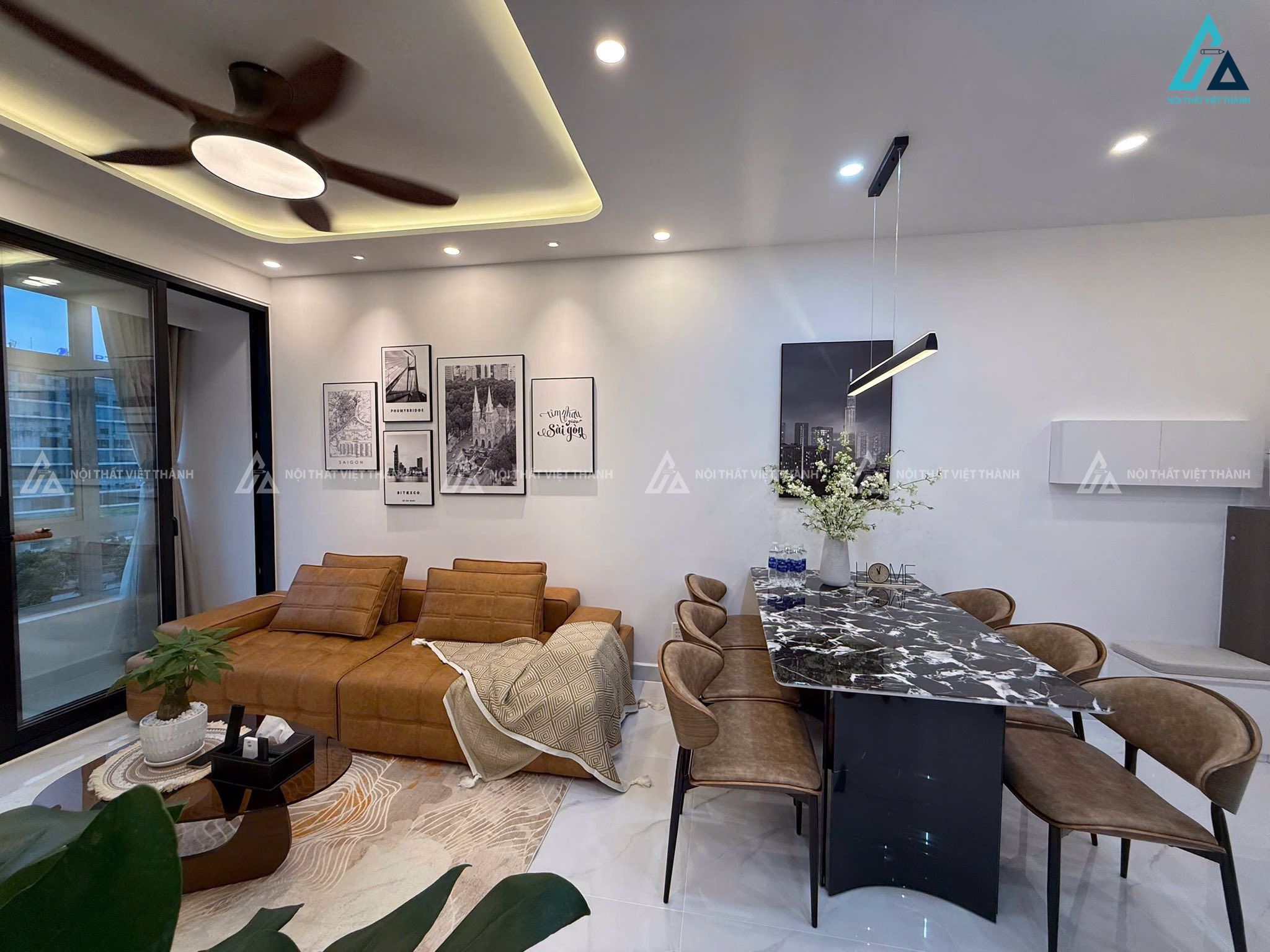 Mẫu sofa da nâu bò thoải mái, hiện đại