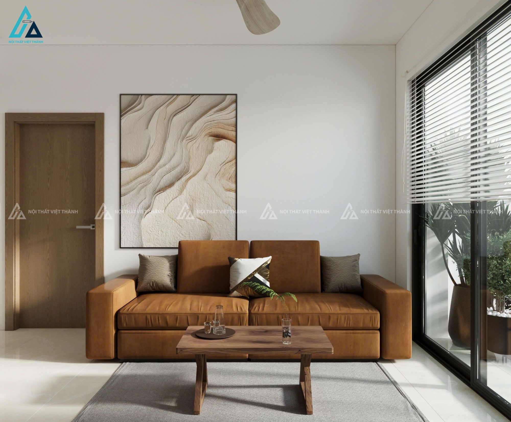 Mẫu sofa da nâu bò trơn gọn gàng cho không gian nhỏ