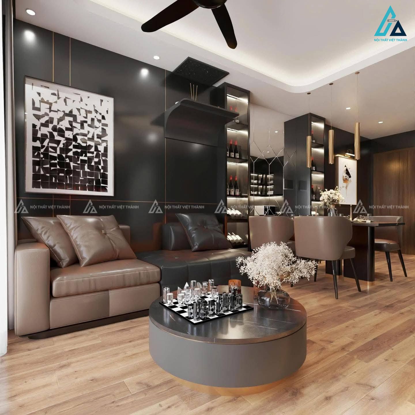 Mẫu sofa da màu trung tính nâu đen hài hoà