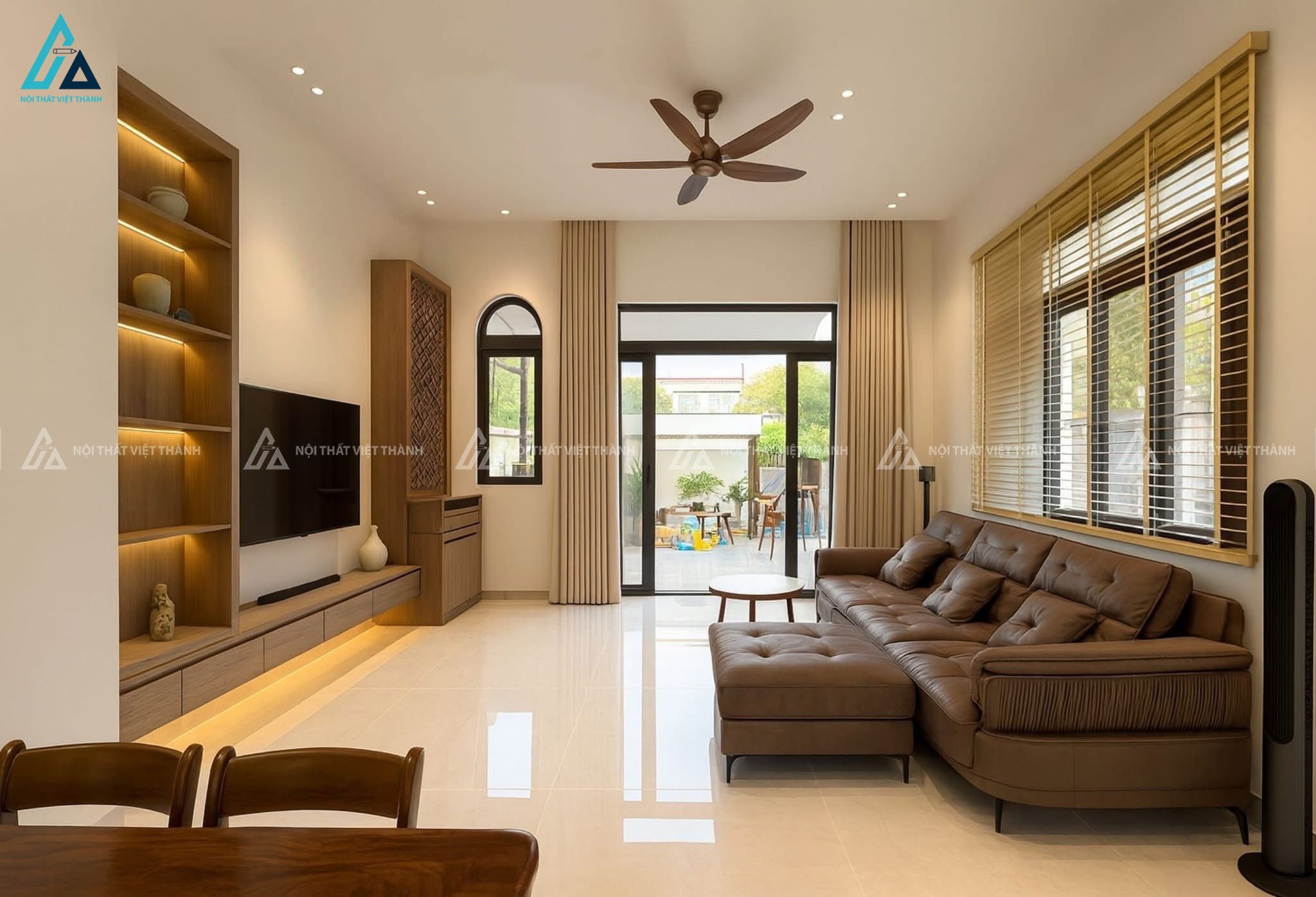 Mẫu sofa da nâu rộng rãi, thoải mái