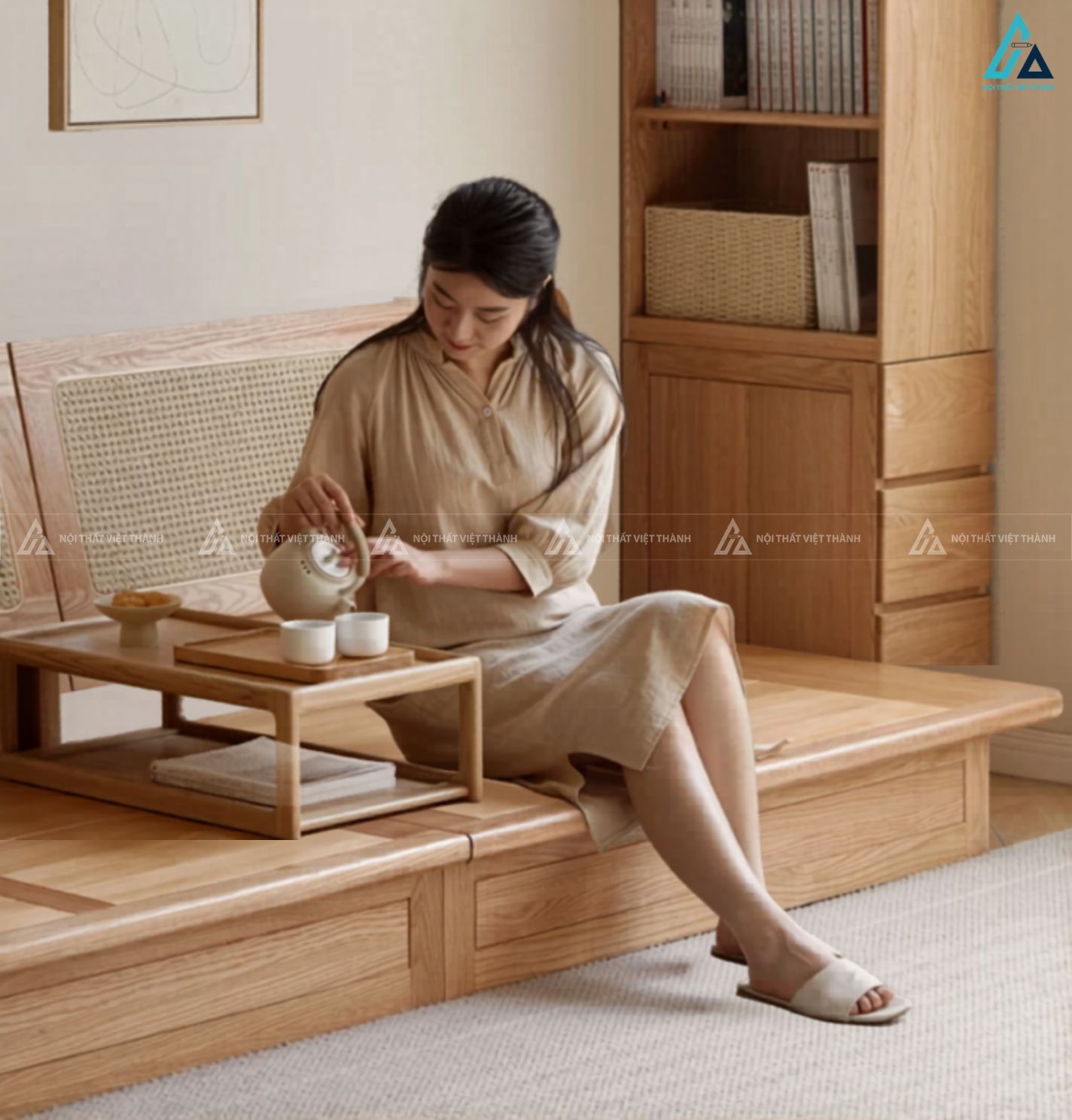 Sofa gỗ kiểu nhật tối giản cho phòng khách hiện đại sang trọng 1