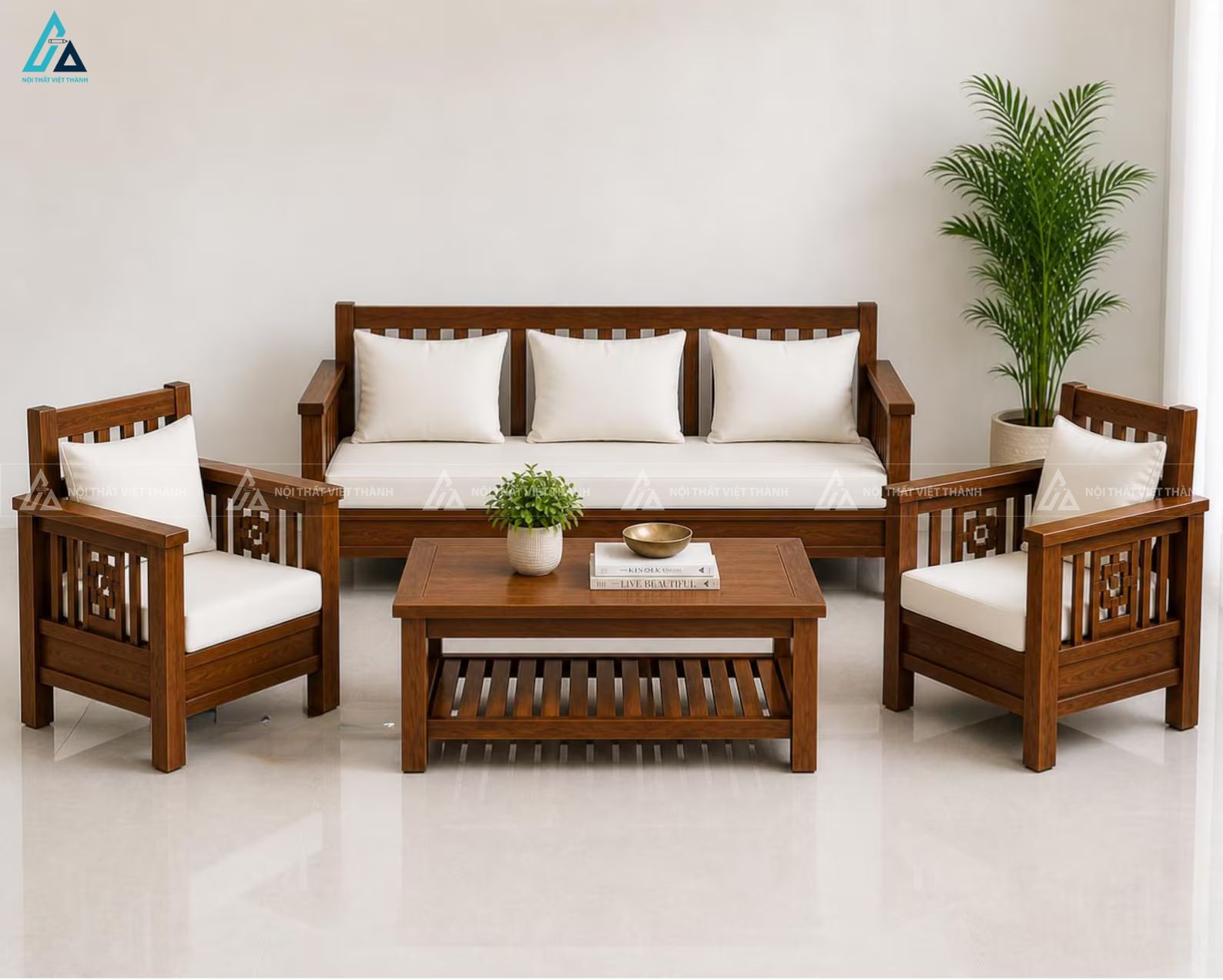 Bộ bàn ghế sofa gỗ hiện đại tối giản cho phòng khách sang trọng
