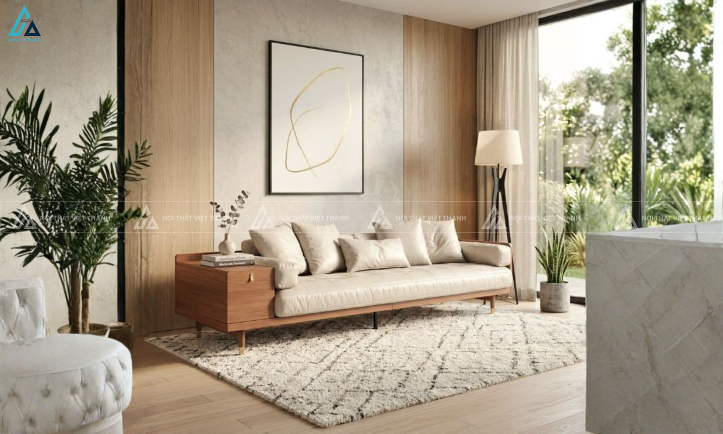 Sofa văng tích hợp ngăn kệ thông minh cho phòng khách hiện đại