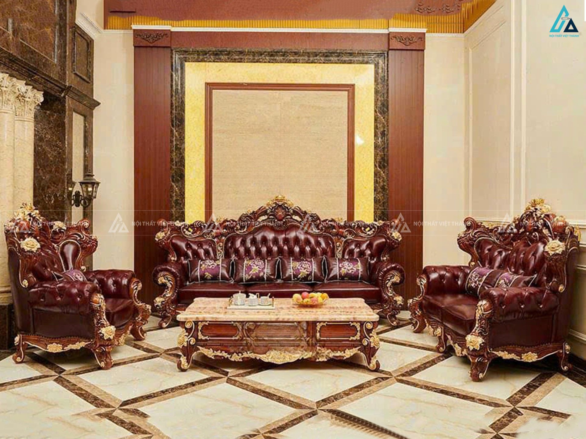 Bộ sofa tân cổ điển dát vàng sang trọng cho phòng khách