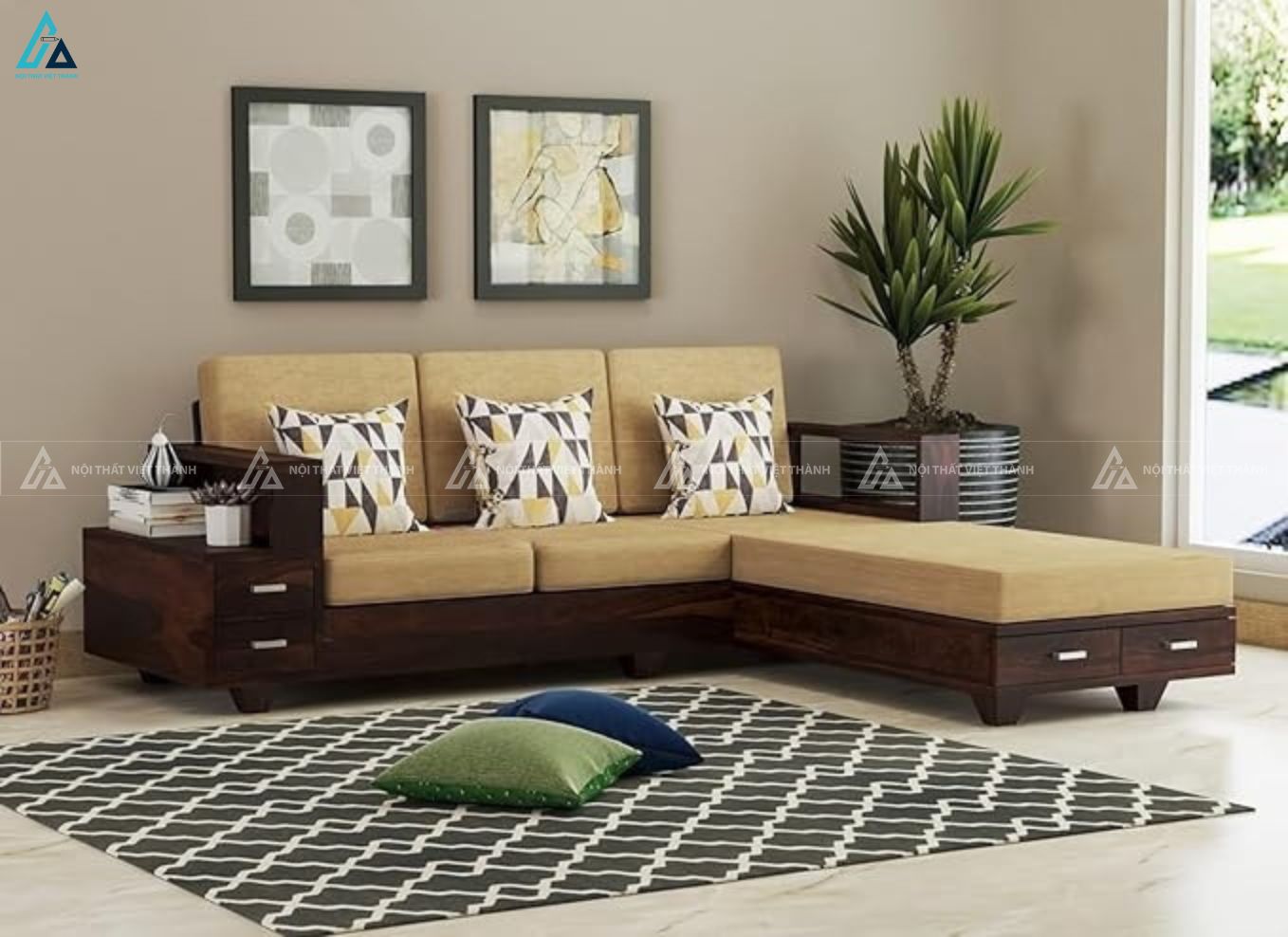 Sofa gỗ chữ l tích hợp ngăn kéo lưu trữ thông minh tiện lợi 1