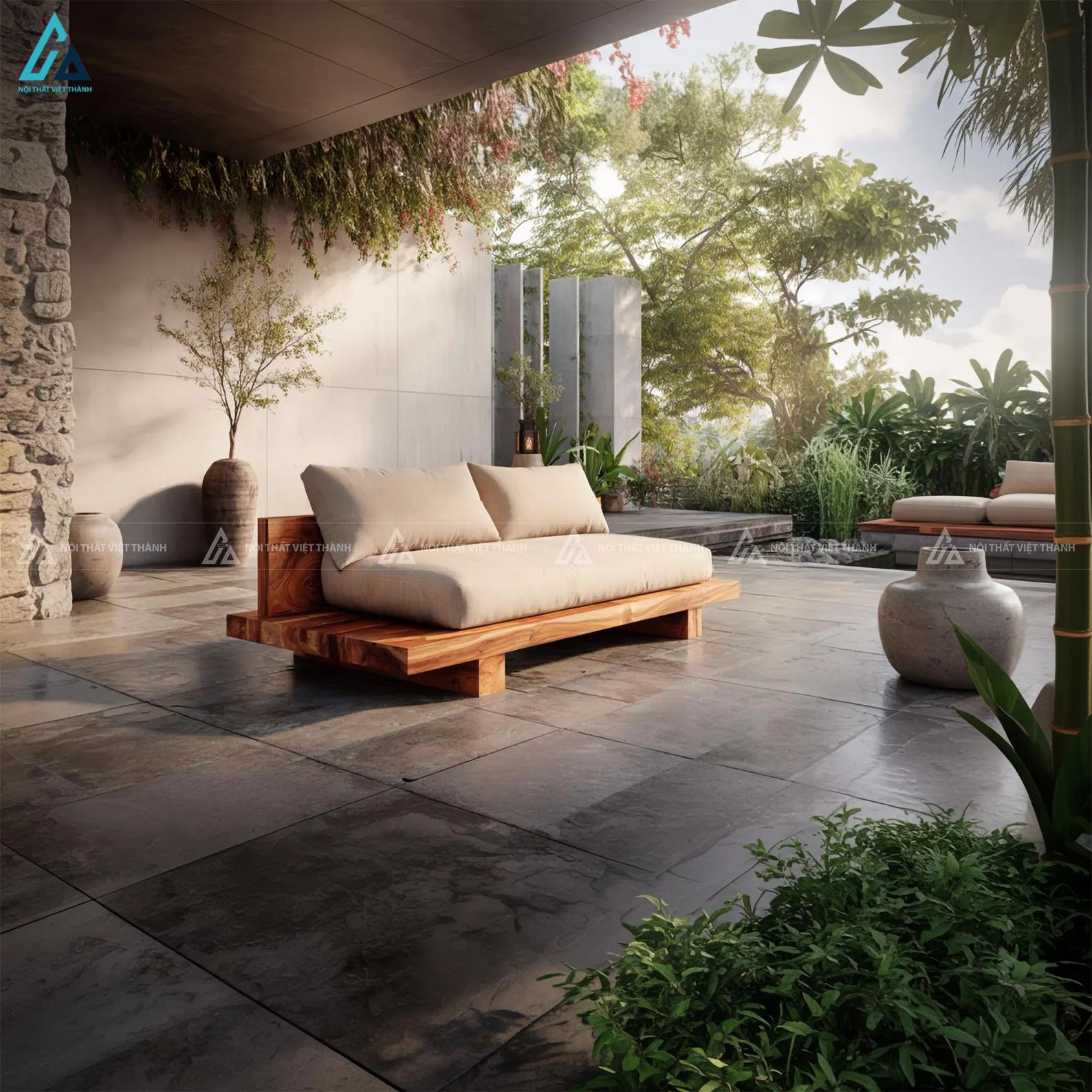 Sofa gỗ dạng bệt thiết kế tối giản cho không gian thư giãn 1