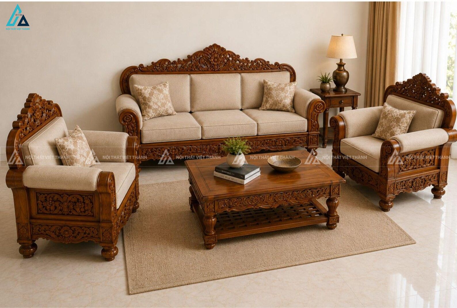 Bộ bàn ghế sofa gỗ chạm khắc tân cổ điển sang trọng phòng khách 1