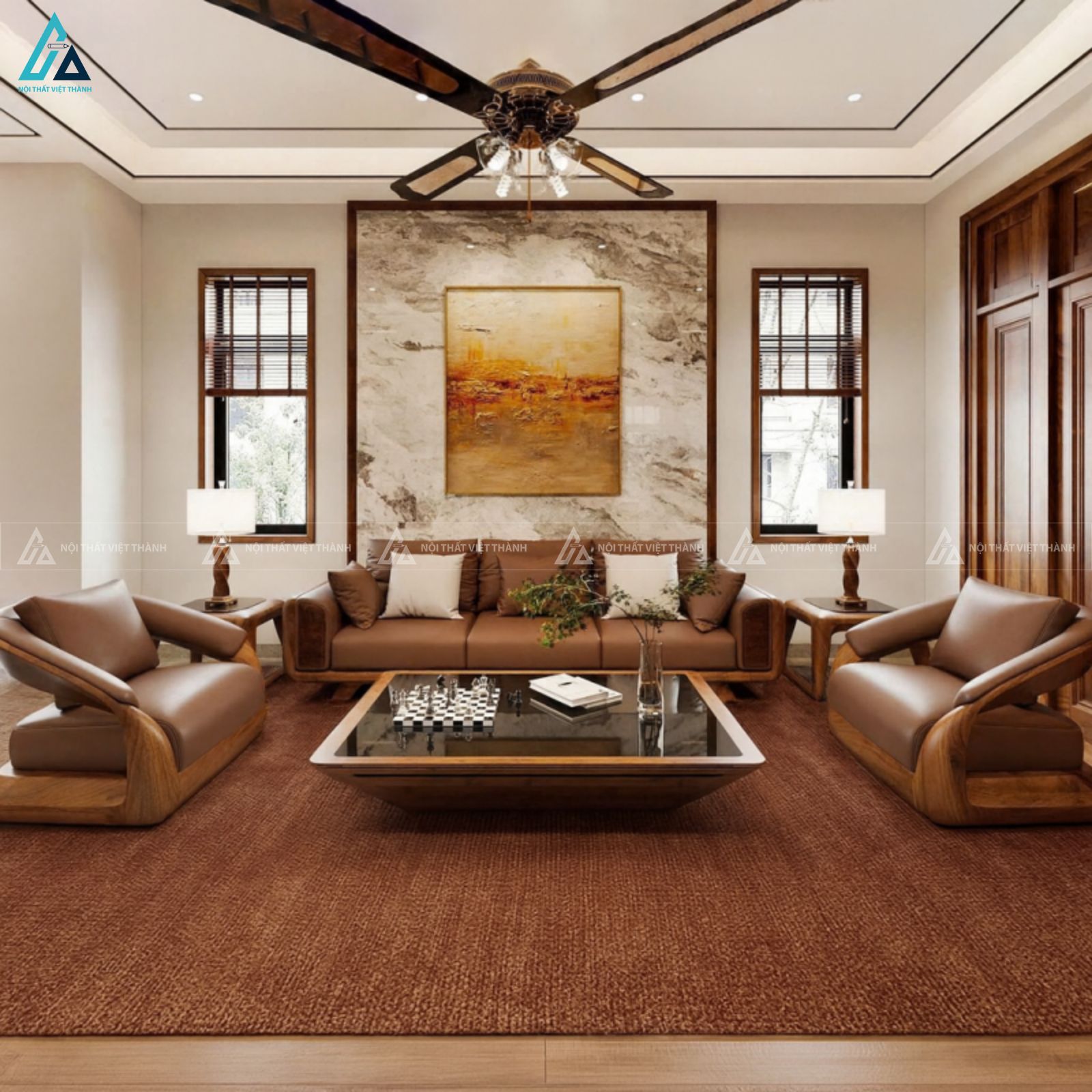 Bộ sofa tay vịn cách điệu thiết kế chân khối hiện đại sang