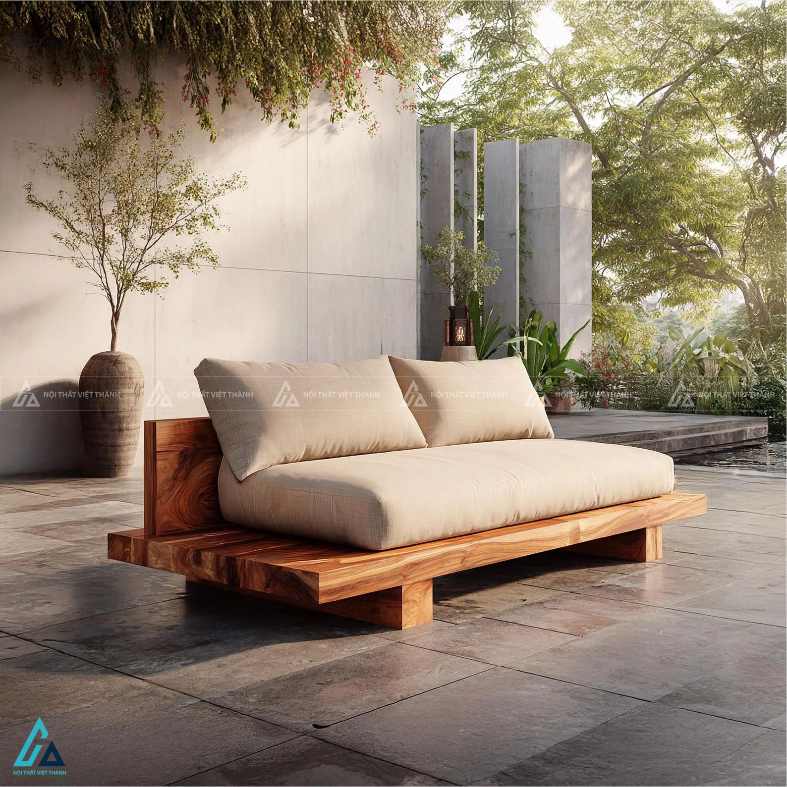 Sofa gỗ dạng bệt thiết kế tối giản cho không gian thư giãn