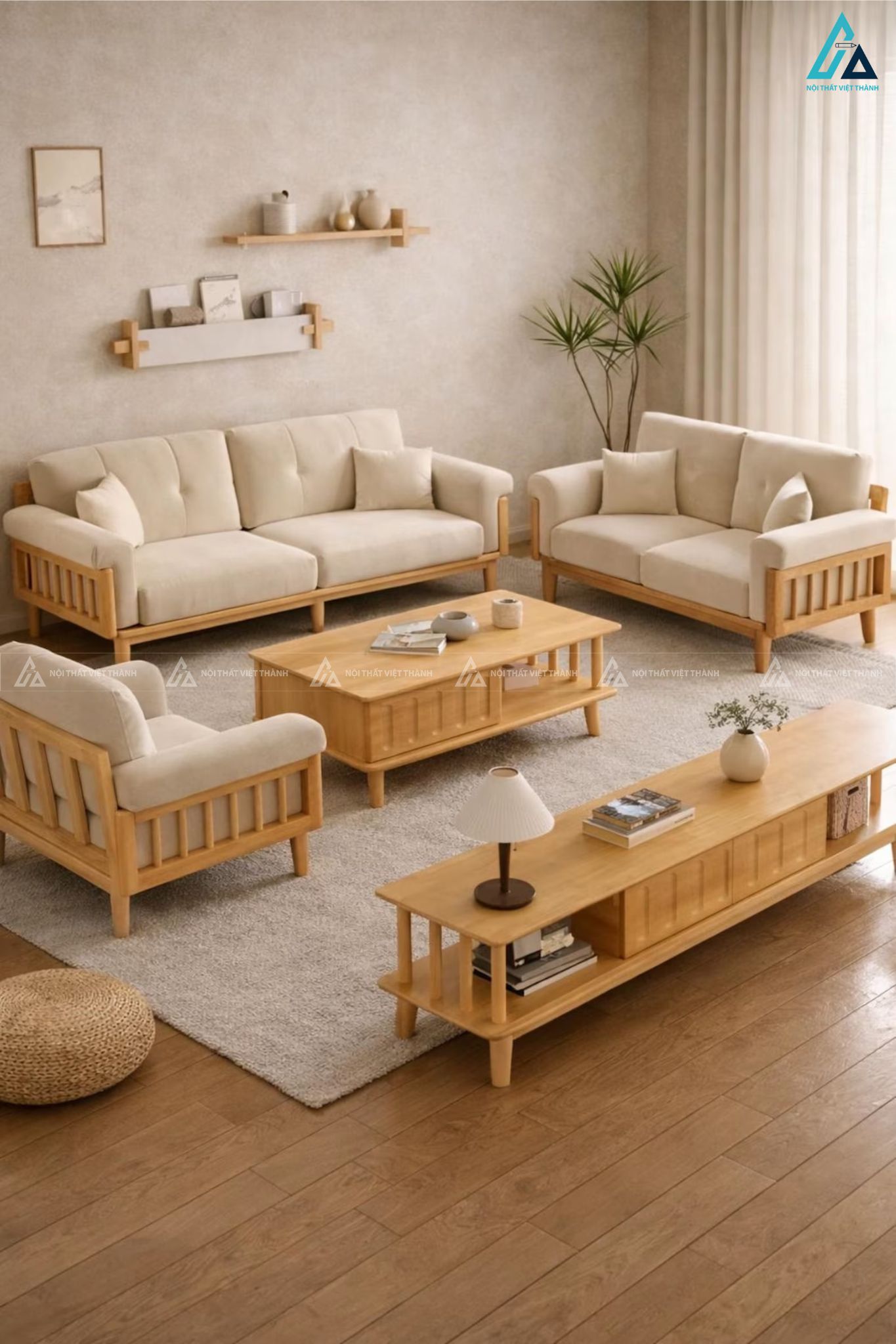Bộ sofa gỗ chân cao kiểu dáng thanh thoát cho phòng khách