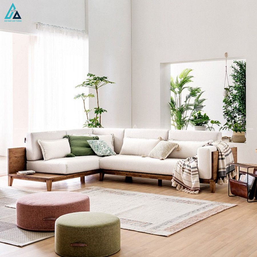 Sofa gỗ hình khối vững chãi tạo điểm nhấn thư giãn cho phòng khách