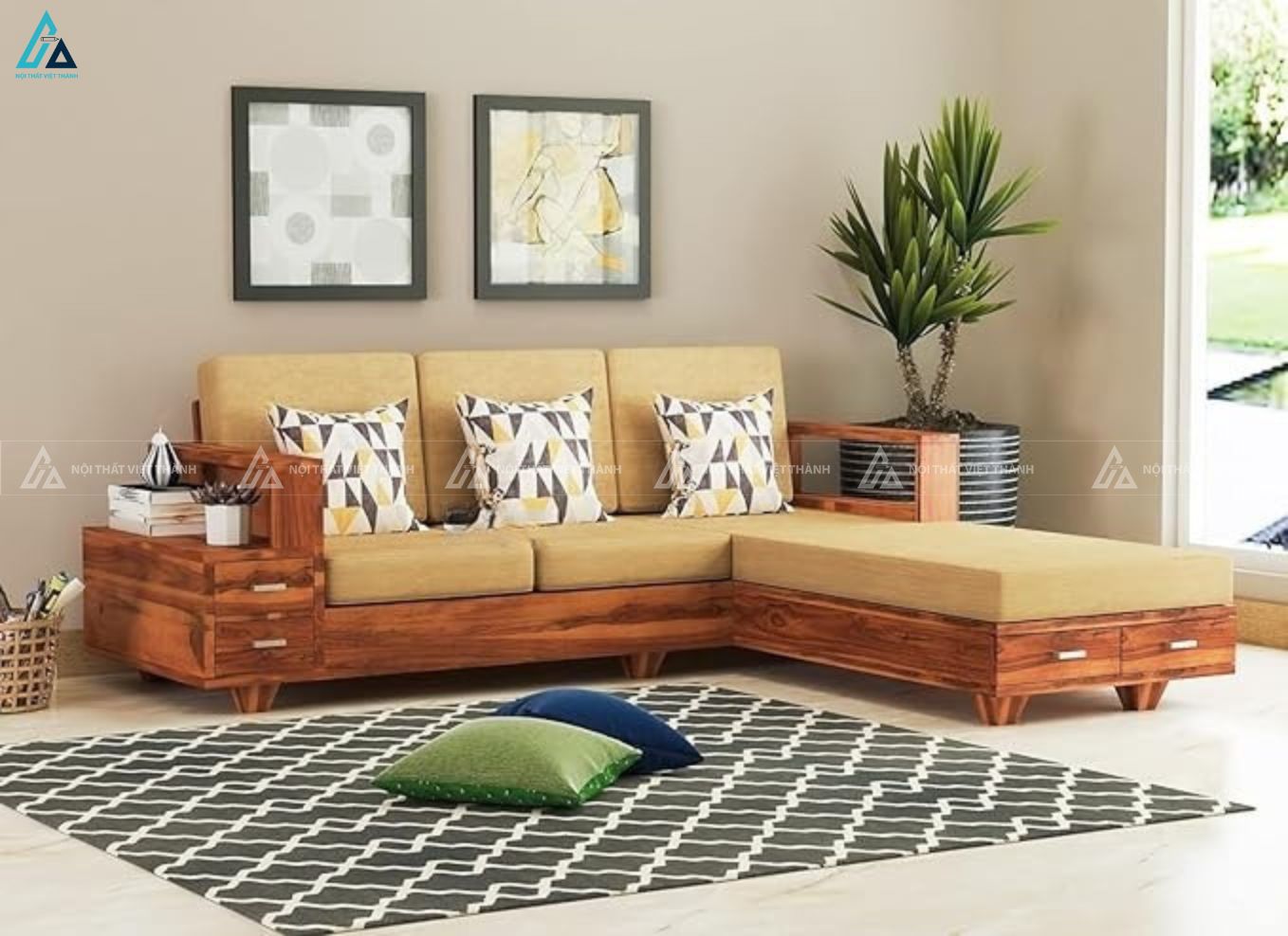 Sofa gỗ chữ l tích hợp ngăn kéo lưu trữ thông minh tiện lợi