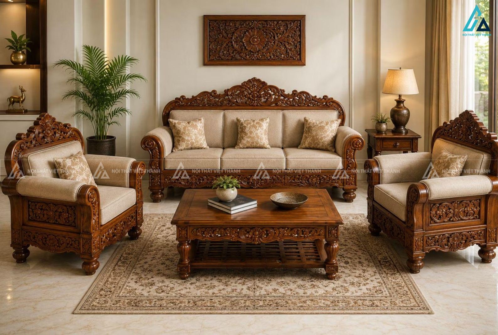 Bộ bàn ghế sofa gỗ chạm khắc tân cổ điển sang trọng phòng khách