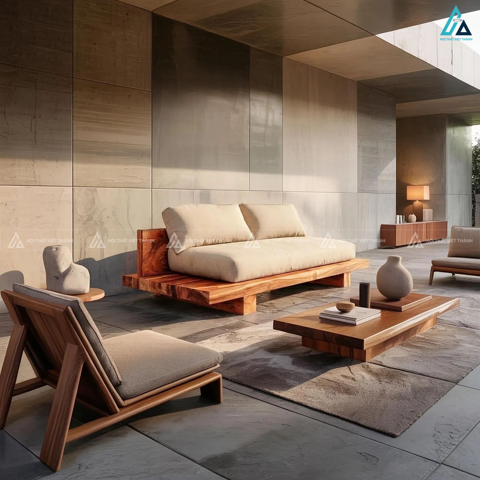 Sofa gỗ dạng bệt thiết kế tối giản cho không gian thư giãn 2