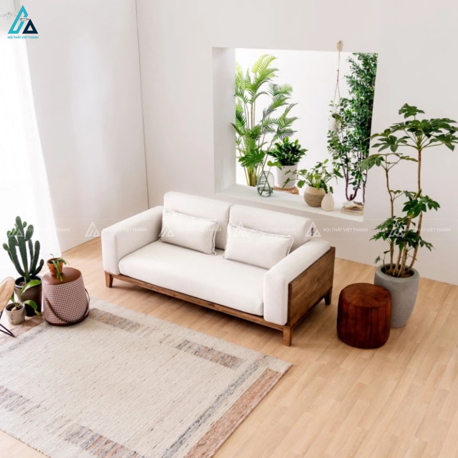 Sofa gỗ hình khối vững chãi tạo điểm nhấn thư giãn cho phòng khách 2
