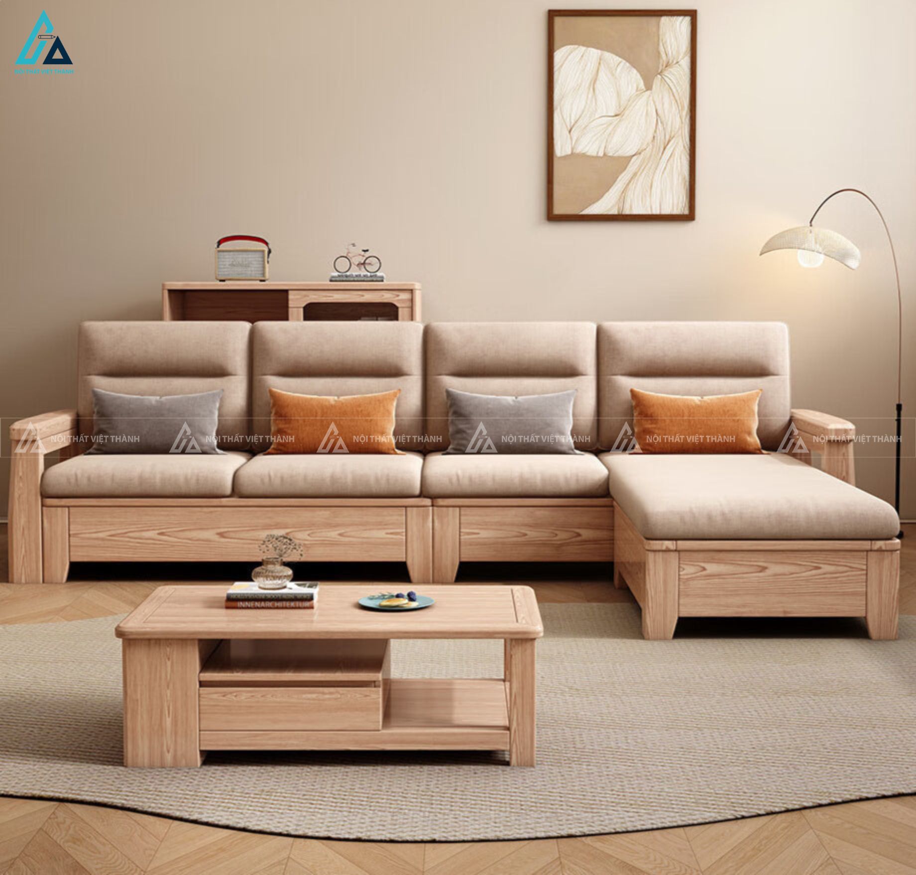 Bộ sofa gỗ hiện đại kết hợp bàn trà thông minh cho phòng khách