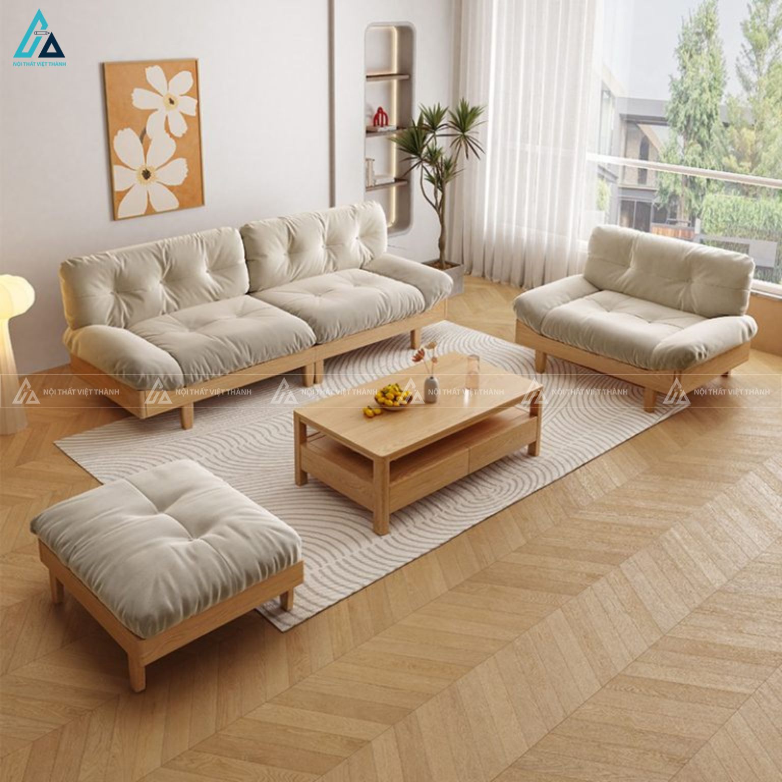 Sofa gỗ nệm bông phong cách nhật bản tối giản tinh tế sang trọng