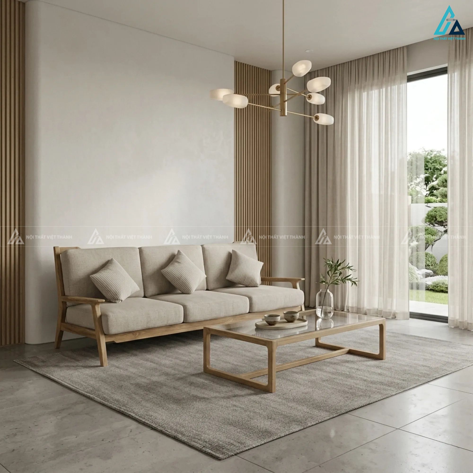 Sofa văng gỗ thiết kế thanh thoát cho phòng khách hiện đại 1