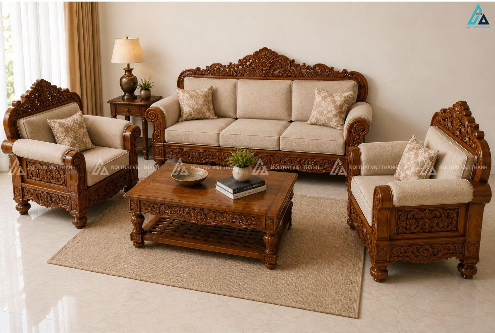 Bộ bàn ghế sofa gỗ chạm khắc tân cổ điển sang trọng phòng khách 3