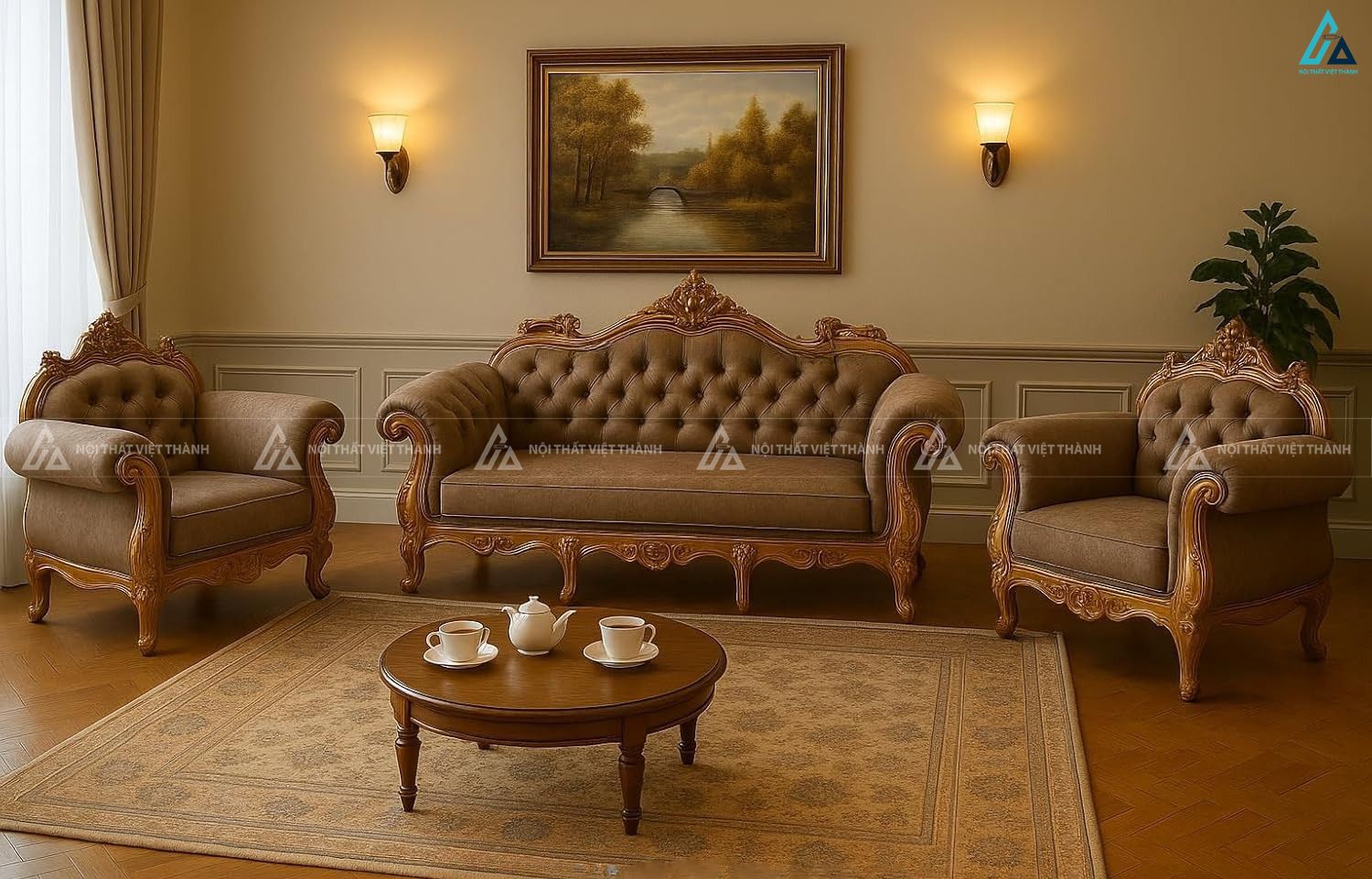 Bộ sofa gỗ cổ điển 5 chỗ ngồi sang trọng cho phòng khách lớn