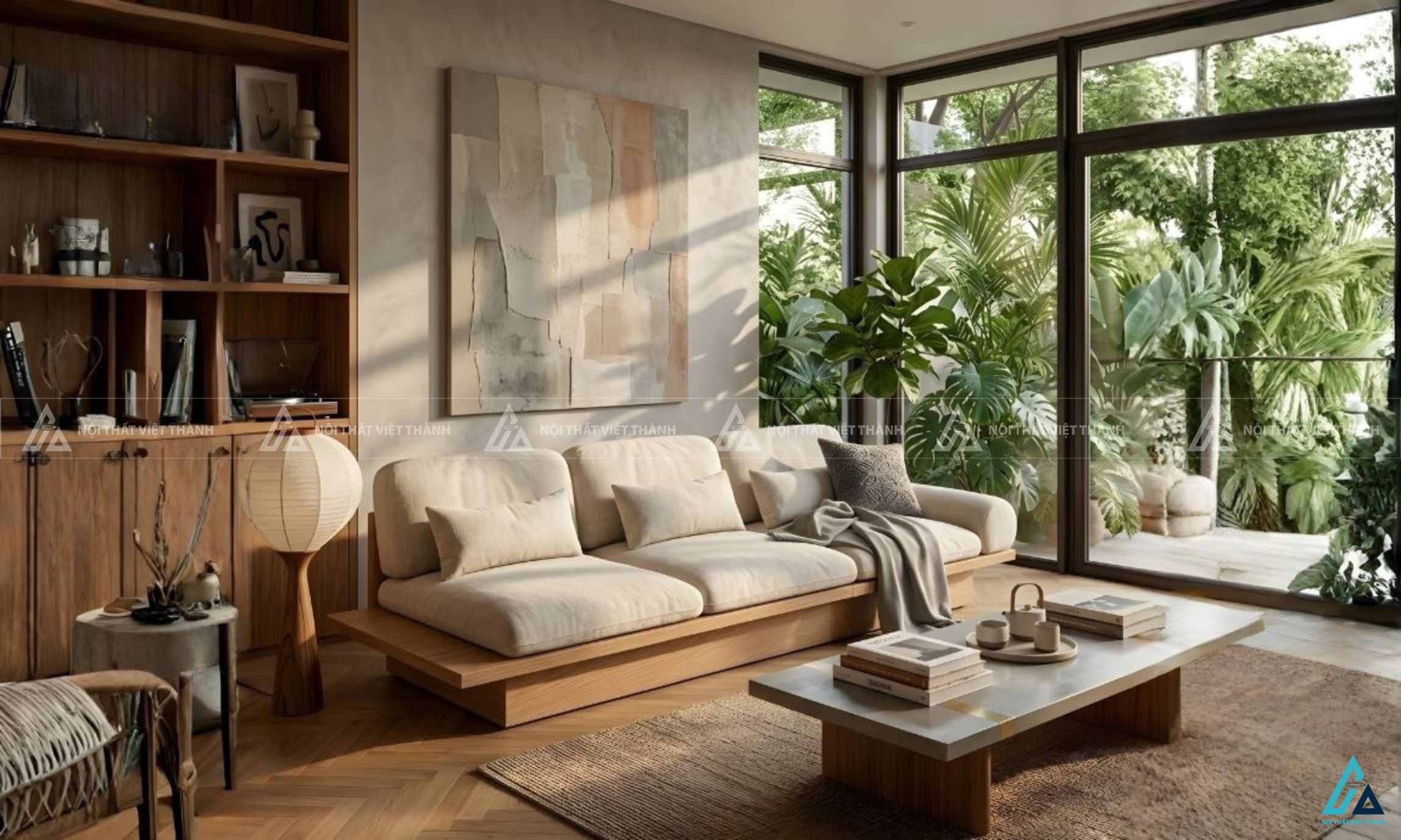 Sofa gỗ tối giản thiết kế dạng bệt sang trọng cho phòng khách