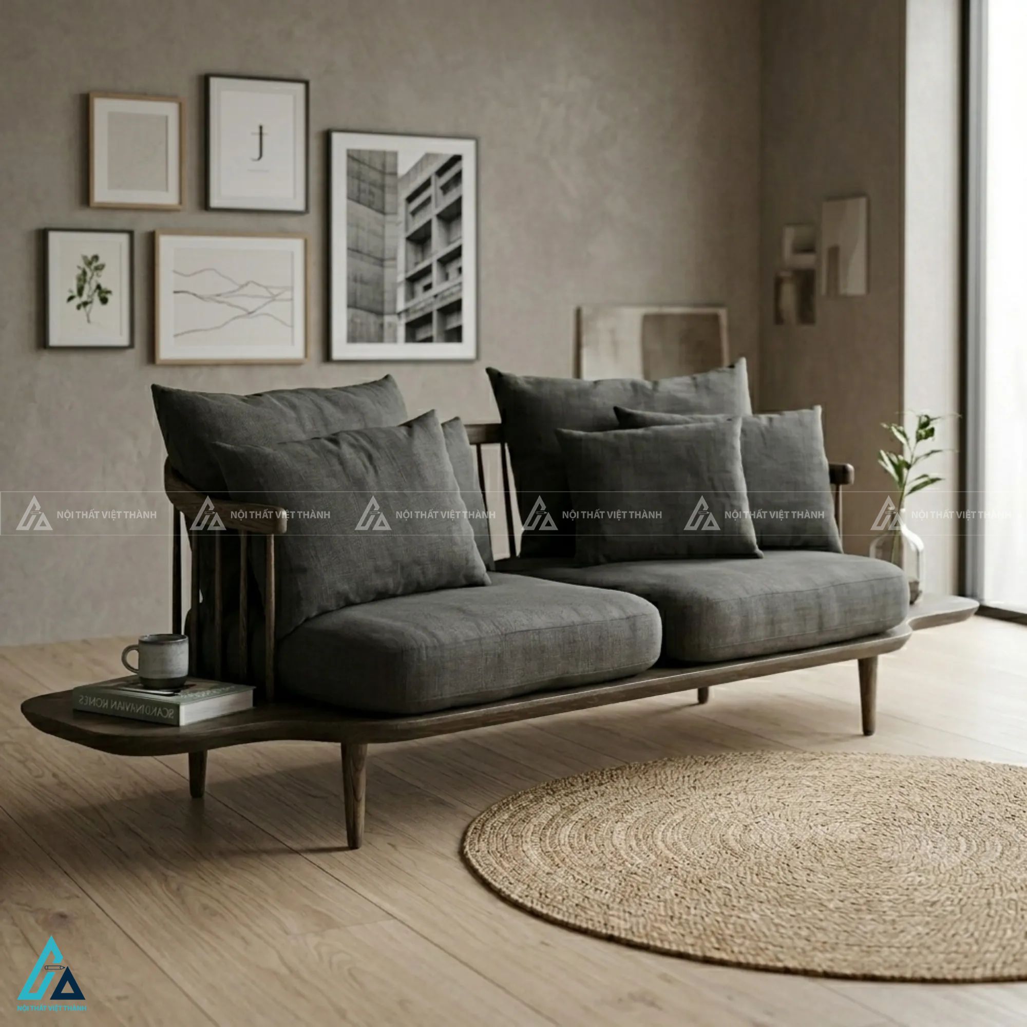 Sofa văng hiện đại tích hợp bàn cạnh tiện lợi cho phòng khách