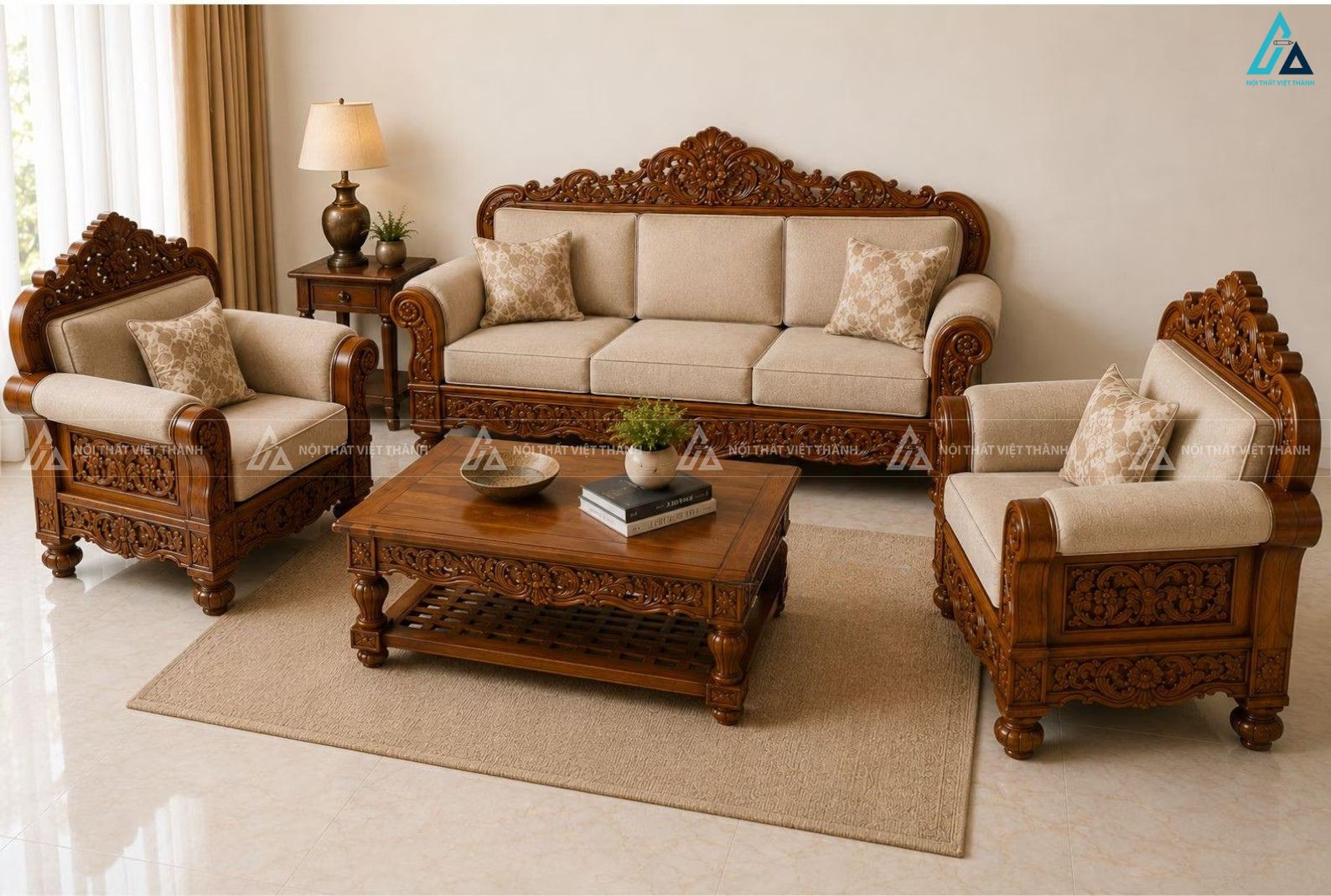 Bộ bàn ghế sofa gỗ chạm khắc tân cổ điển sang trọng phòng khách 4