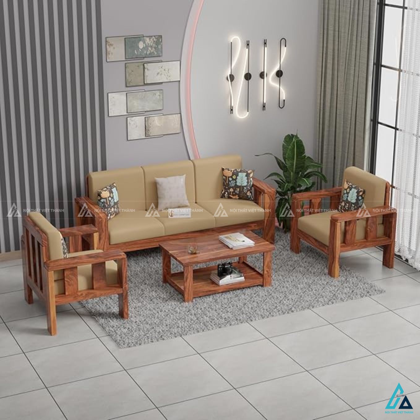 Bộ sofa gỗ 5 chỗ ngồi sang trọng cho phòng khách hiện đại