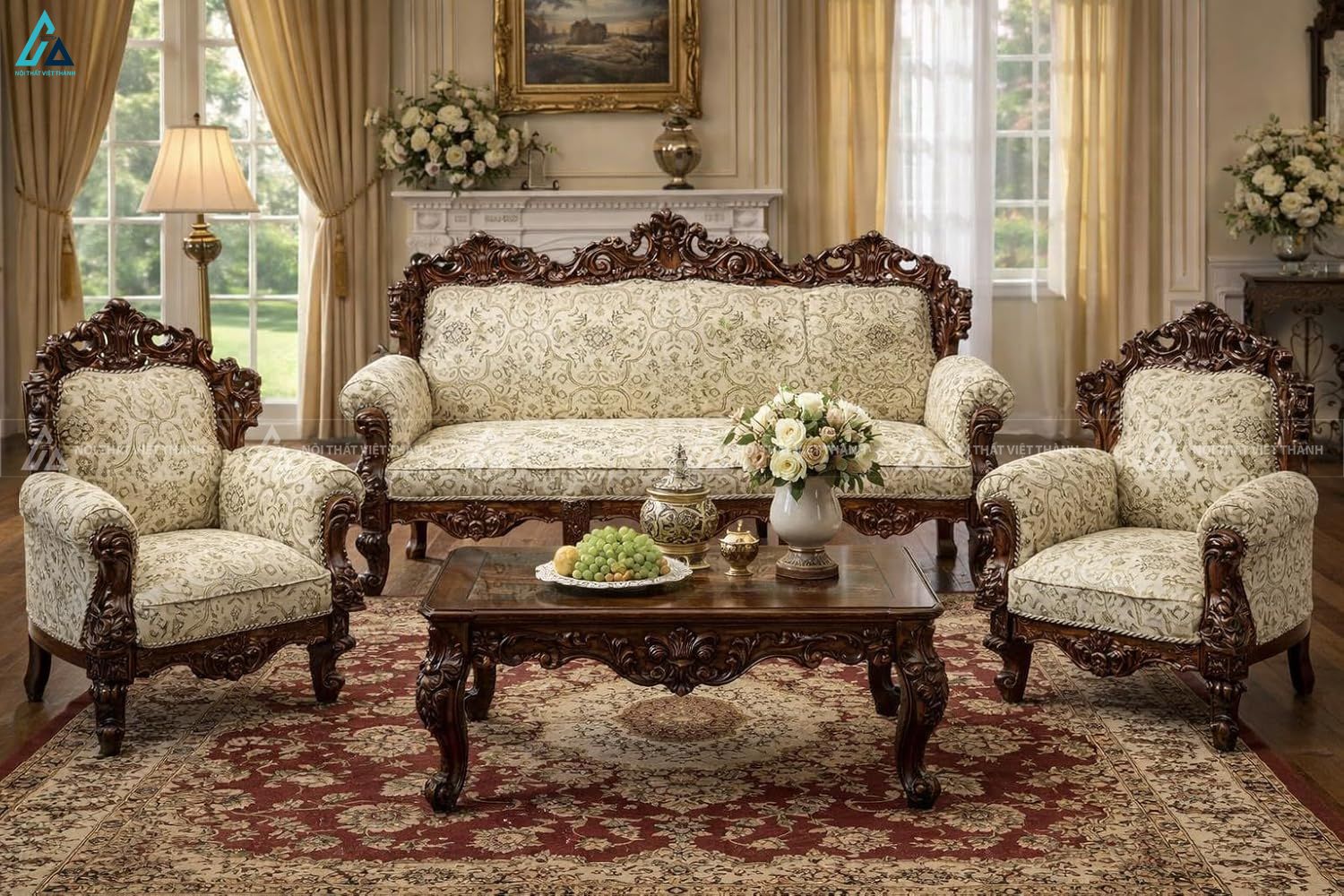 Bộ sofa gỗ chạm khắc cổ điển sang trọng cho phòng khách đẳng cấp
