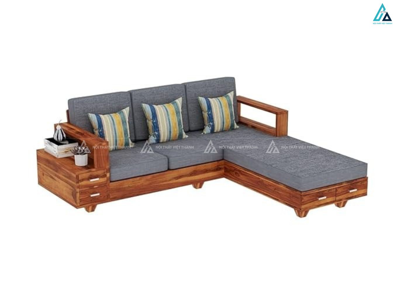 Sofa gỗ chữ l tích hợp ngăn kéo lưu trữ thông minh tiện lợi 5