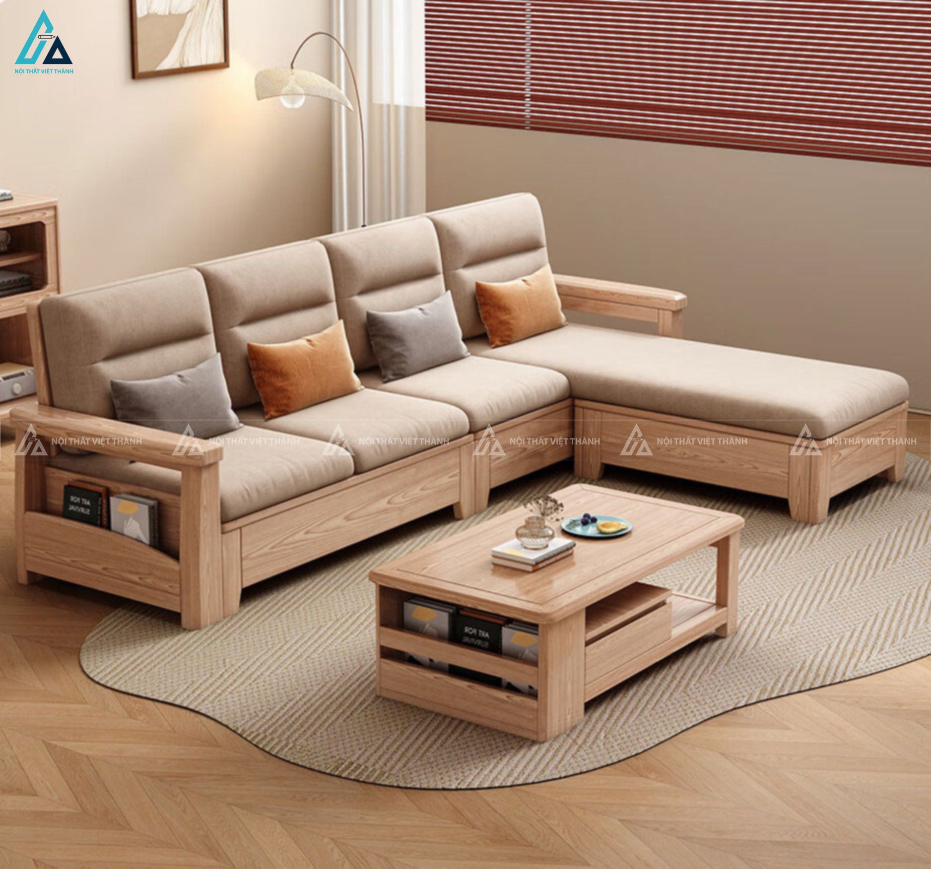 Bộ sofa gỗ hiện đại kết hợp bàn trà thông minh cho phòng khách 5