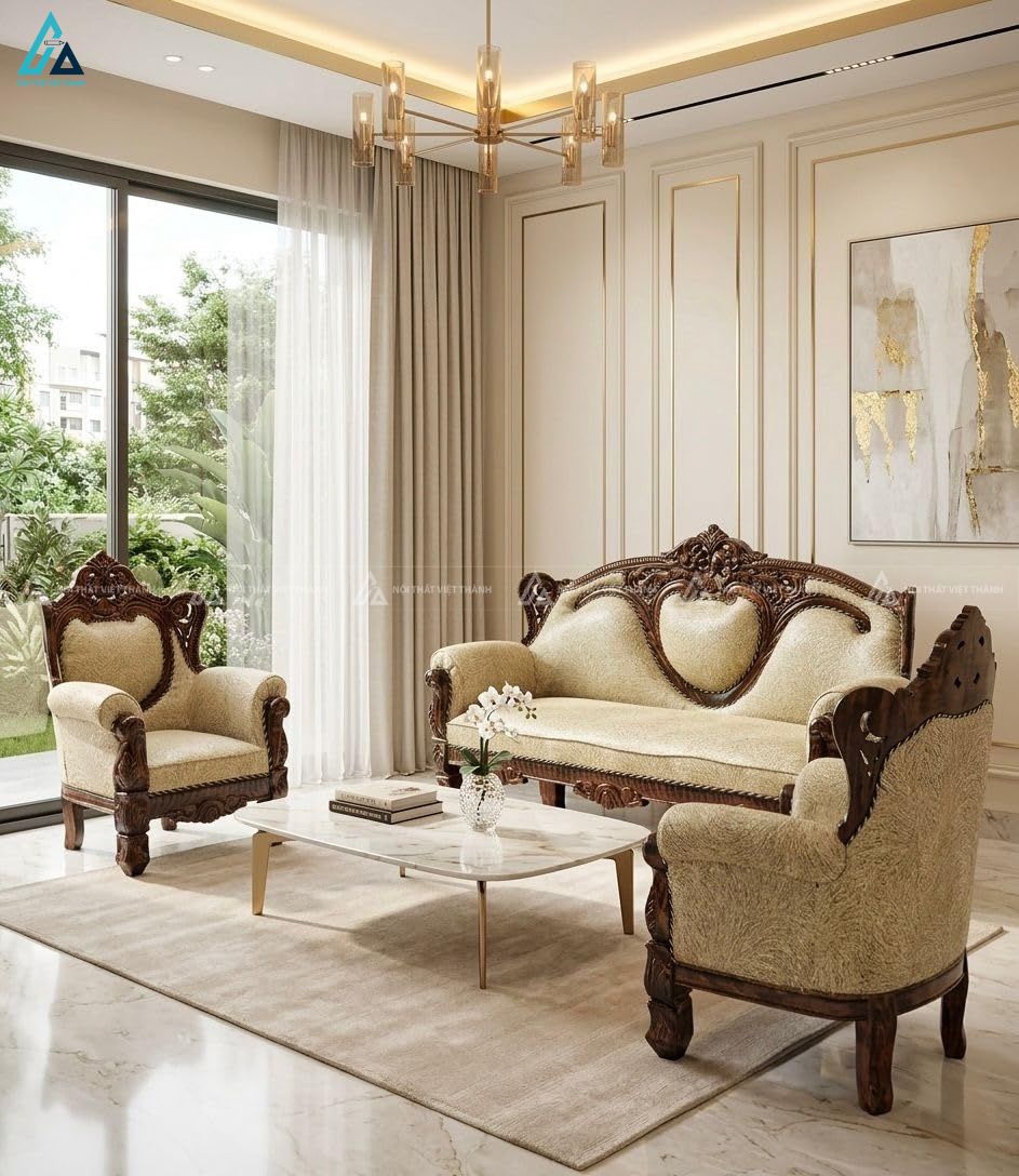 Bộ sofa gỗ chạm khắc nghệ thuật đẳng cấp cho phòng khách hiện đại