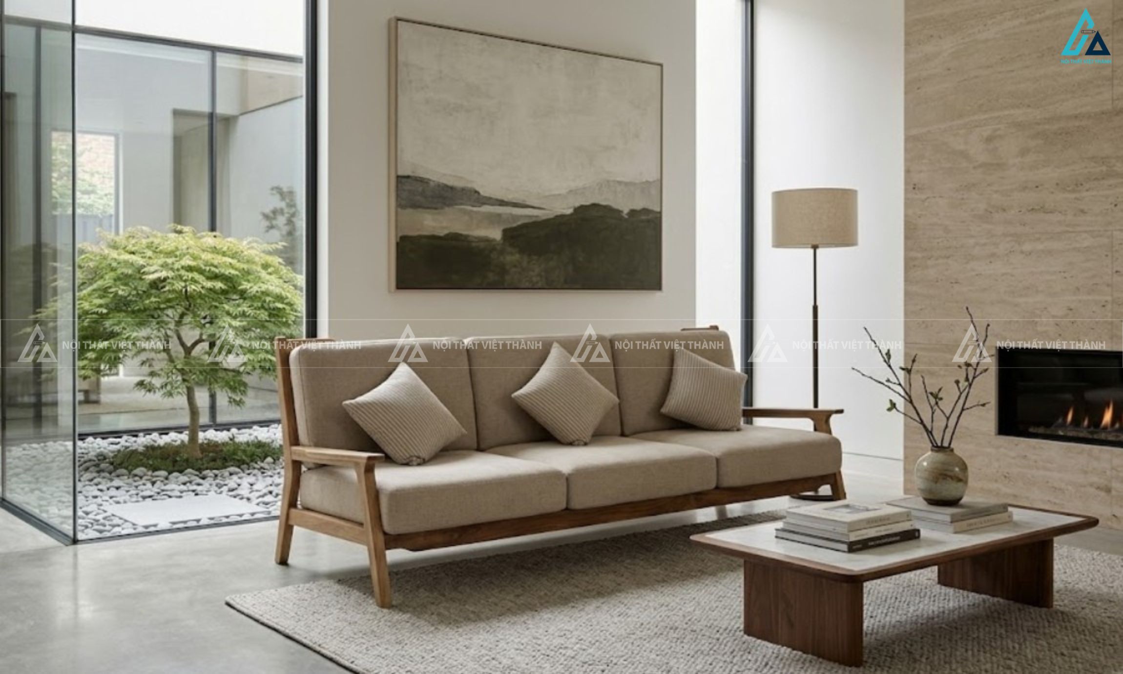 Sofa văng gỗ thiết kế thanh thoát cho phòng khách hiện đại