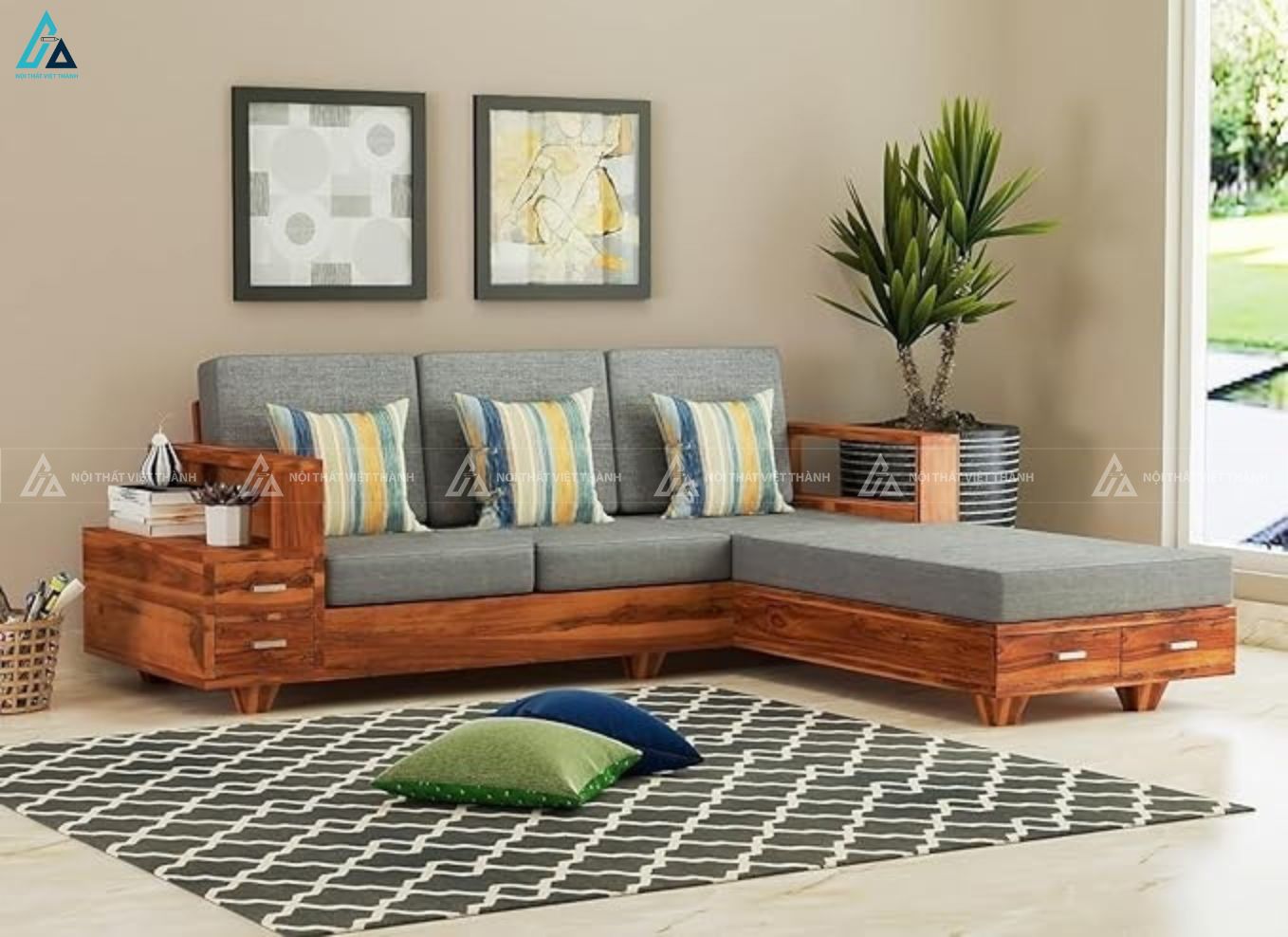 Sofa gỗ chữ l tích hợp ngăn kéo lưu trữ thông minh tiện lợi 6
