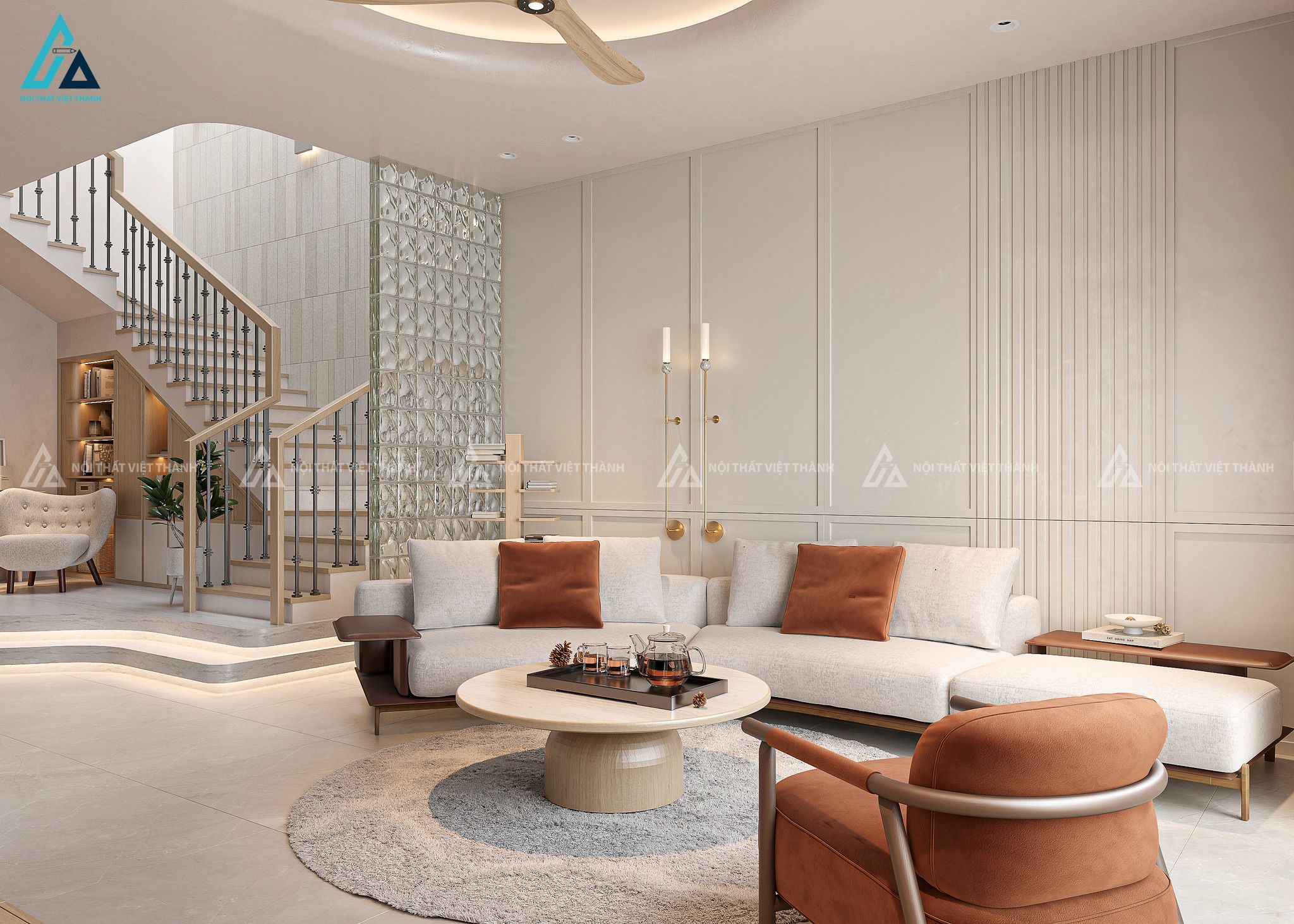 Mẫu sofa be cam uốn cong mềm mại, hiện đại