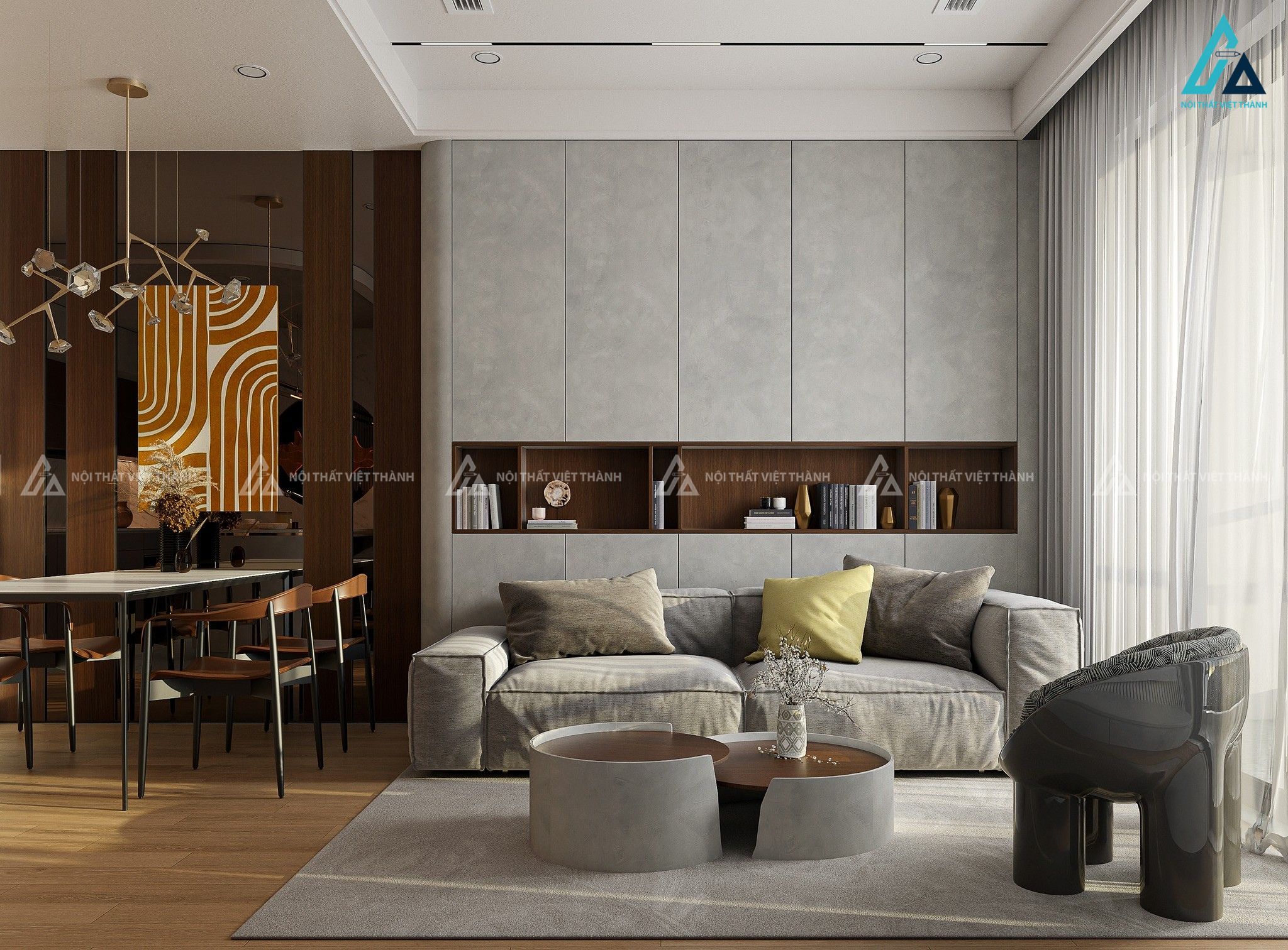 Mẫu sofa vải nỉ xám cho phòng khách màu trung tính