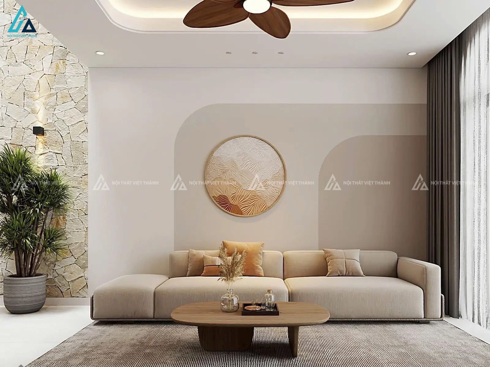 Mẫu sofa vải nỉ be dài thoải mái, yêm ái