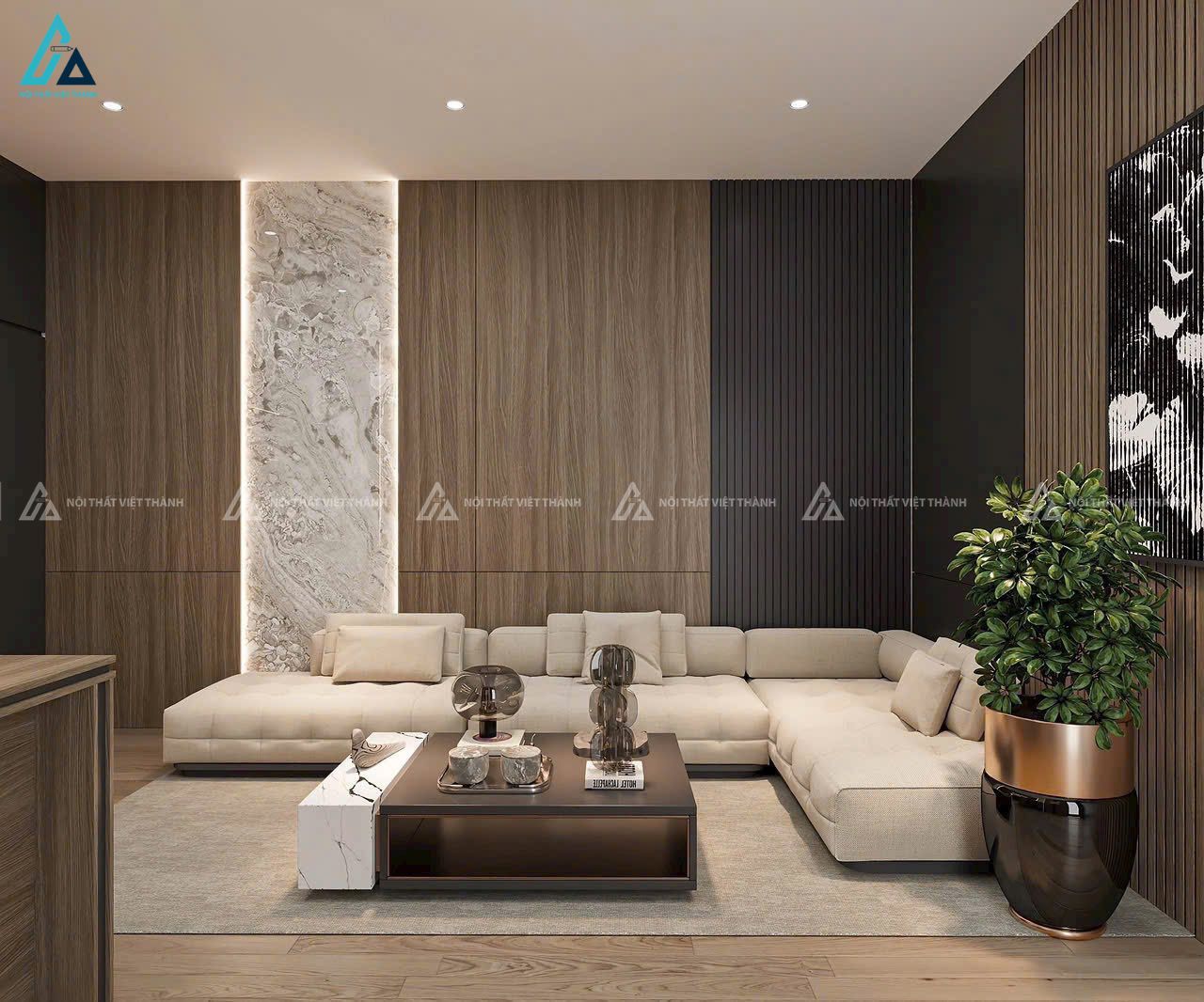 Mẫu sofa vải nỉ chữ L màu be điểm nhấn cho căn phòng tone trầm