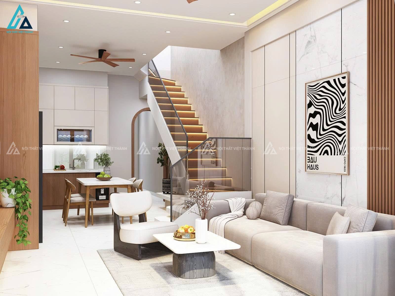 Mẫu sofa vải nỉ màu be rộng rãi cho phòng khách hiện đại
