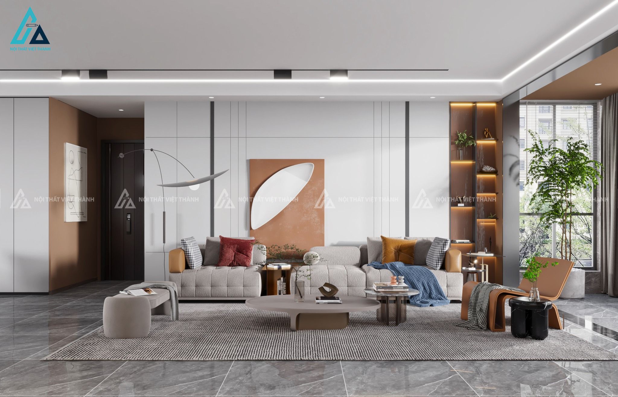 Mẫu sofa vải nỉ  màu xám be rộng rãi thoải mái