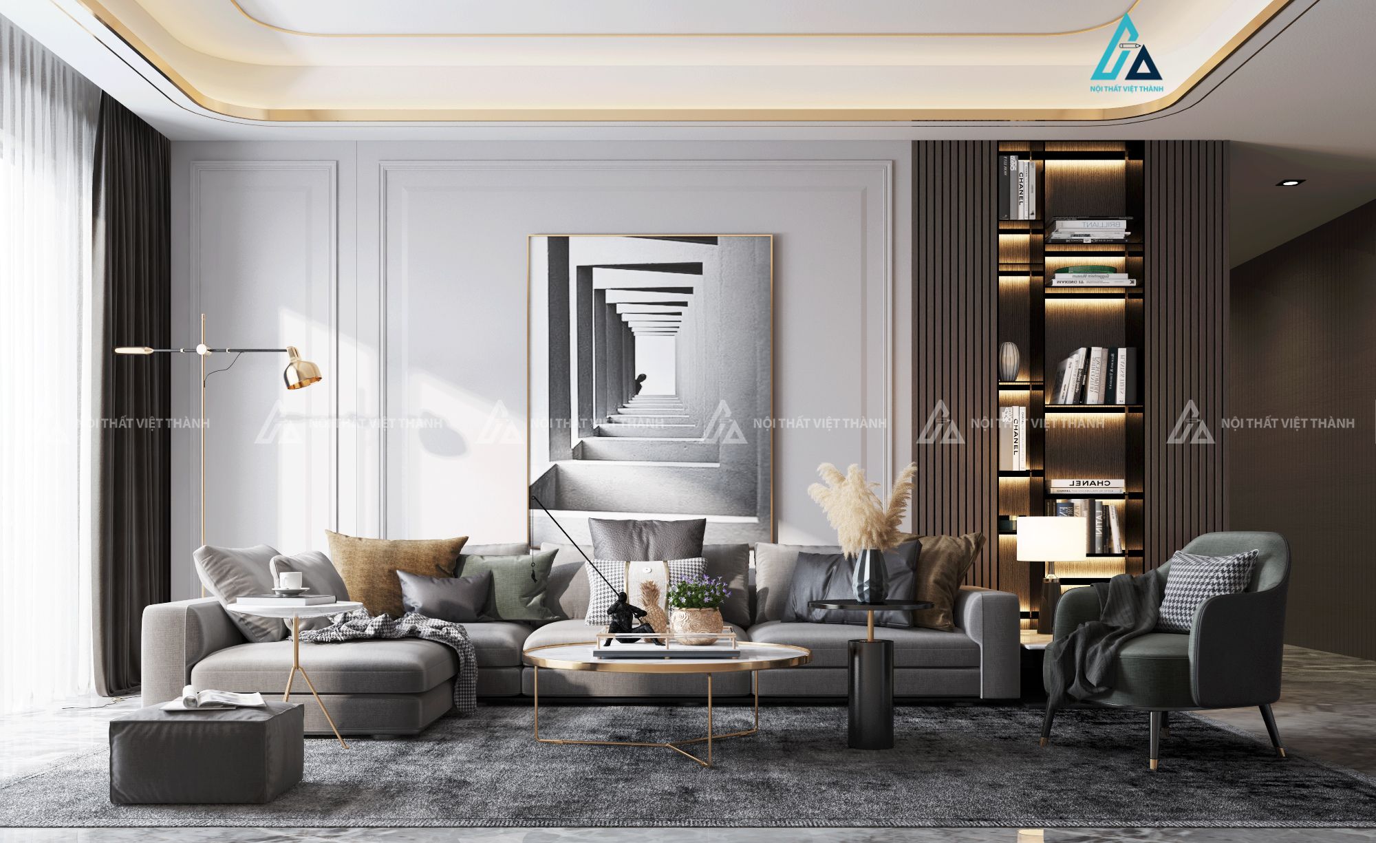 Mẫu sofa vải nỉ chữ L phối xám xanh hài hoà nội thất phòng khách