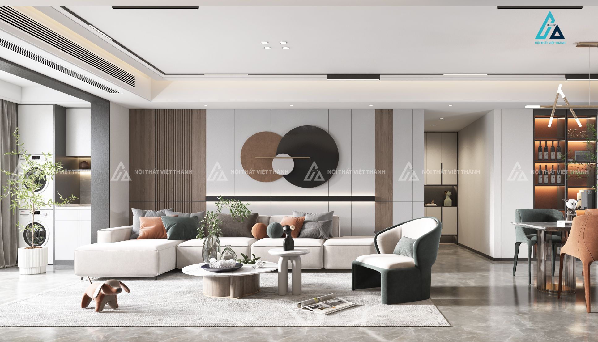 Mẫu sofa vải nỉ be điểm nhấn xanh lá tinh tế, nhẹ nhàng