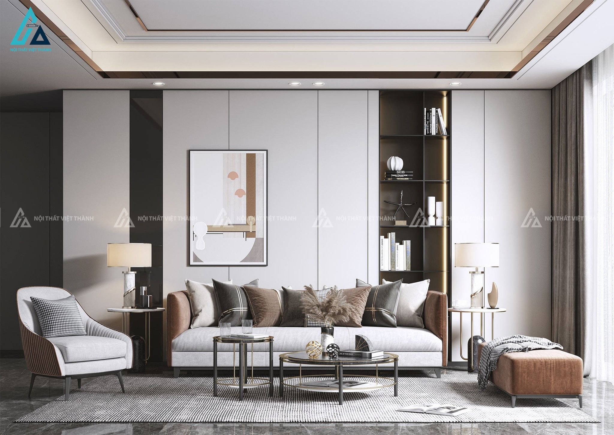 Mẫu sofa vải nỉ be nâu gồm 1 ghế dài và 2 ghế đơn