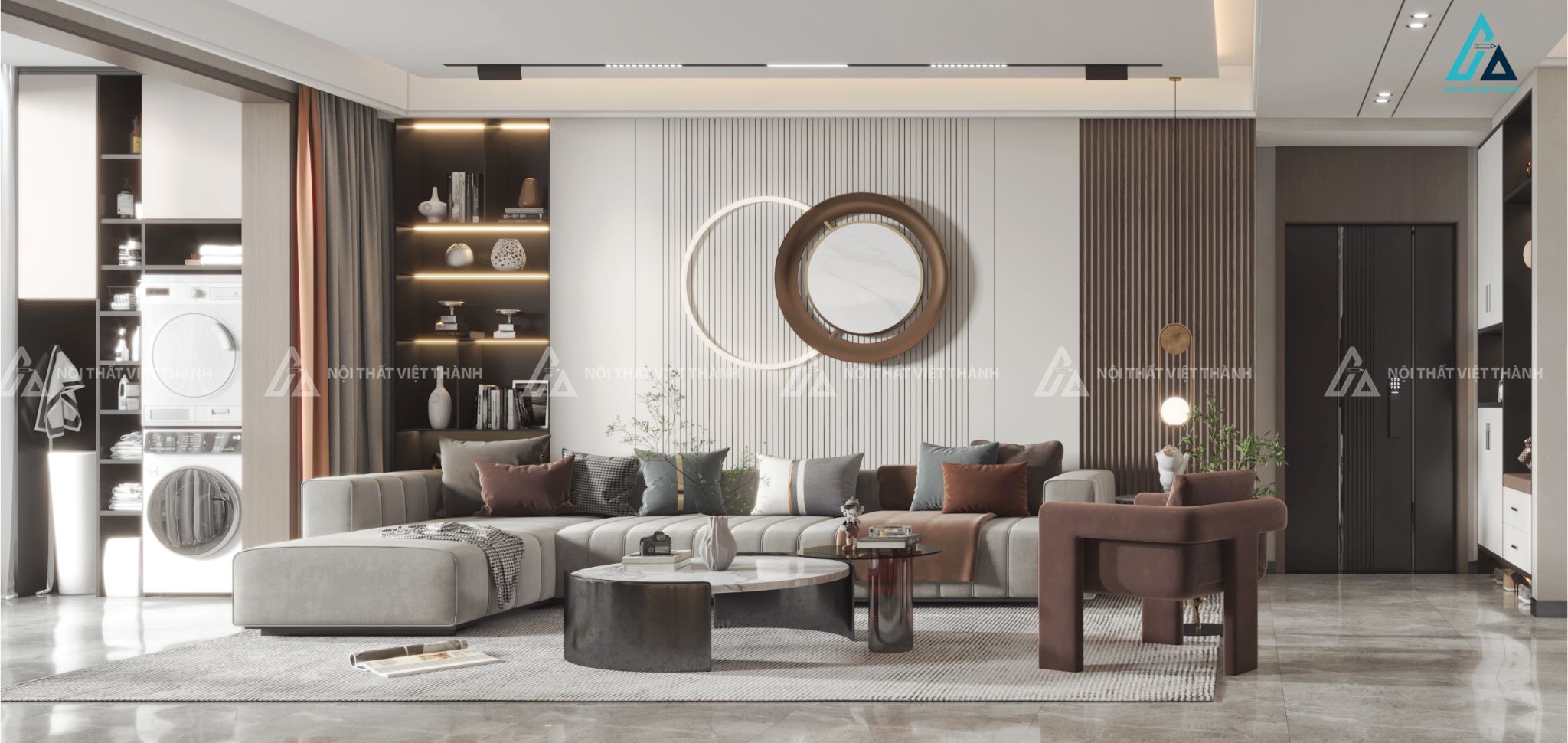 Mẫu sofa vải nỉ xám chữ L rộng rãi
