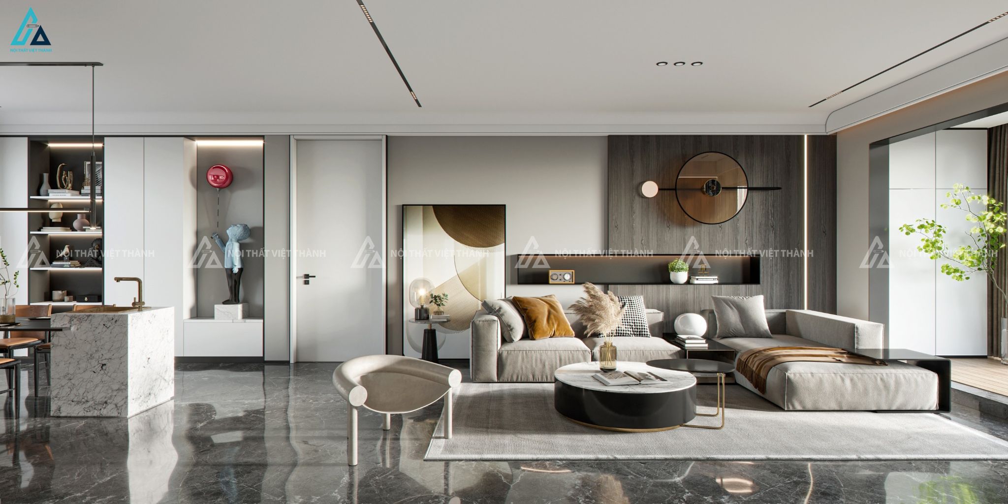 Mẫu sofa vải nỉ xám chữ L chia thành 2 phần sáng tạo
