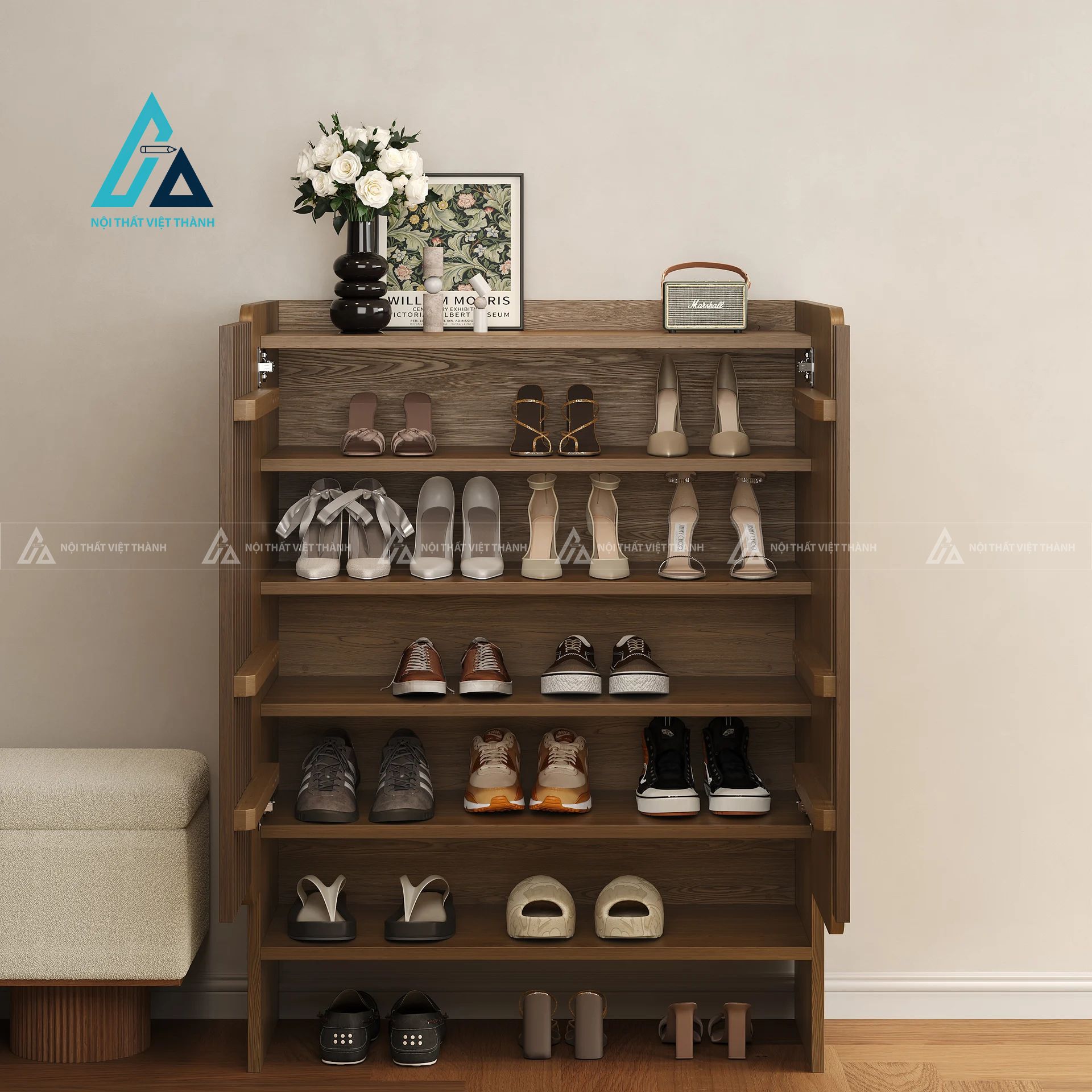 Tủ giày thông minh cửa nan gỗ hiện đại tiết kiệm không gian