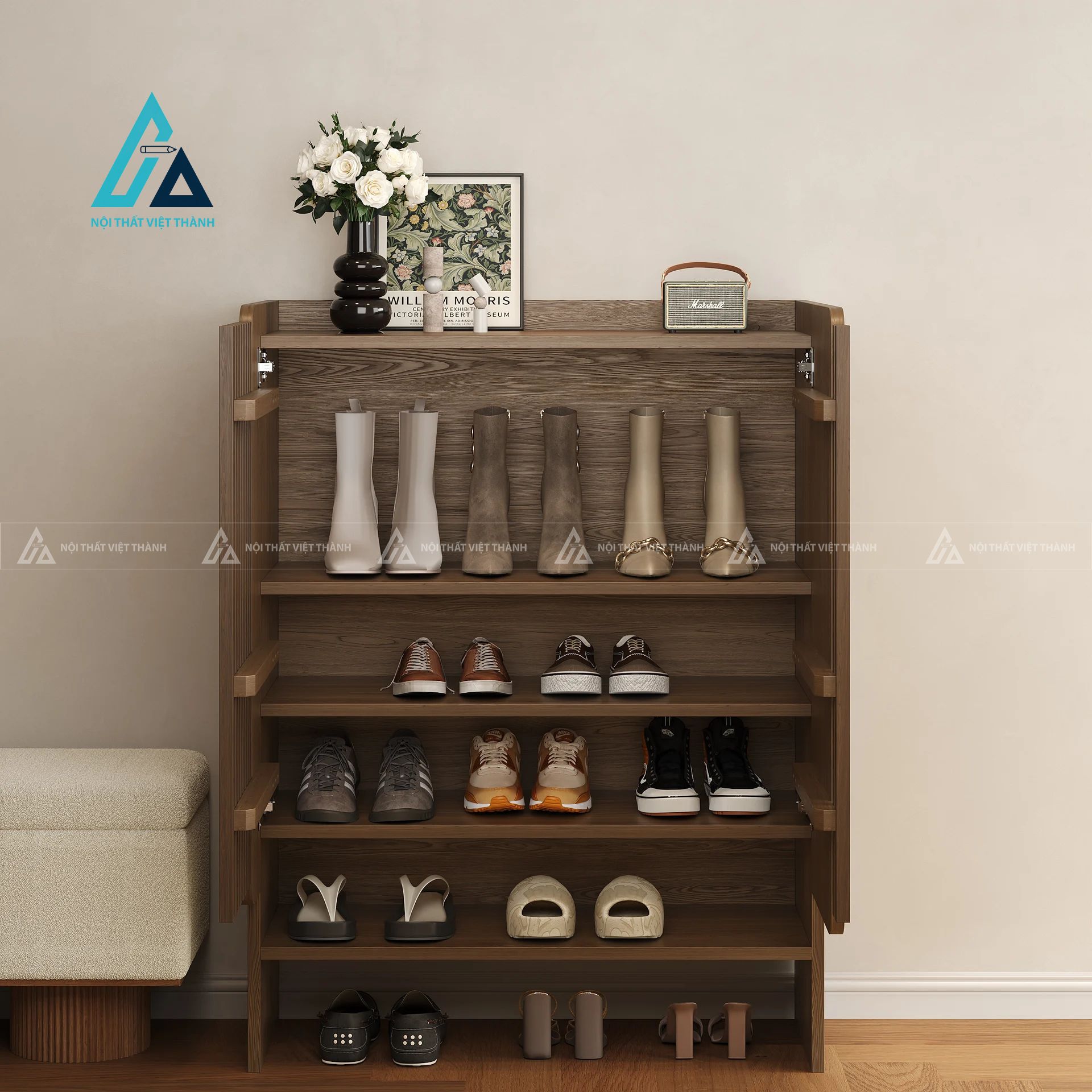 Tủ giày thông minh cửa nan gỗ hiện đại tiết kiệm không gian 2