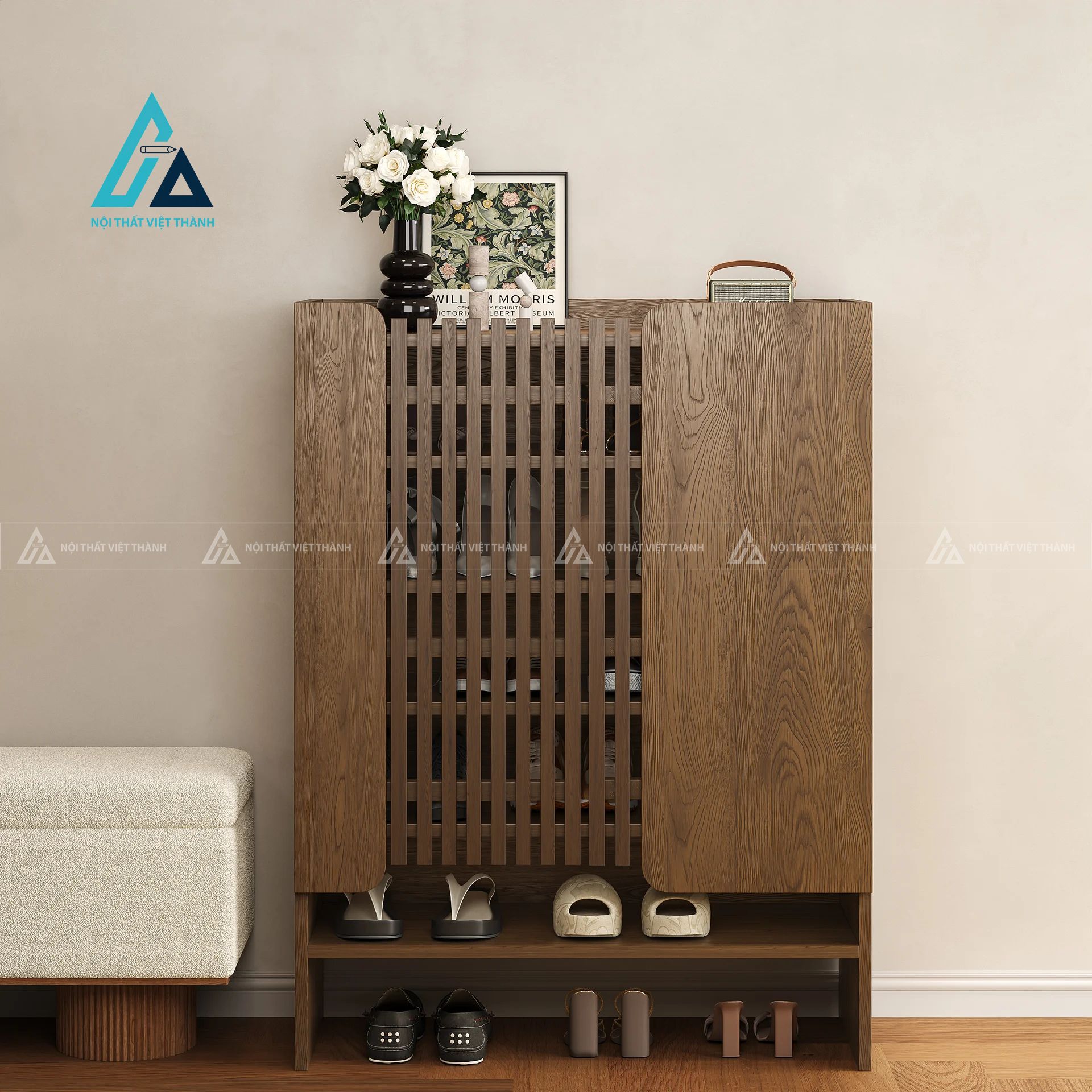 Tủ giày thông minh cửa nan gỗ hiện đại tiết kiệm không gian 3