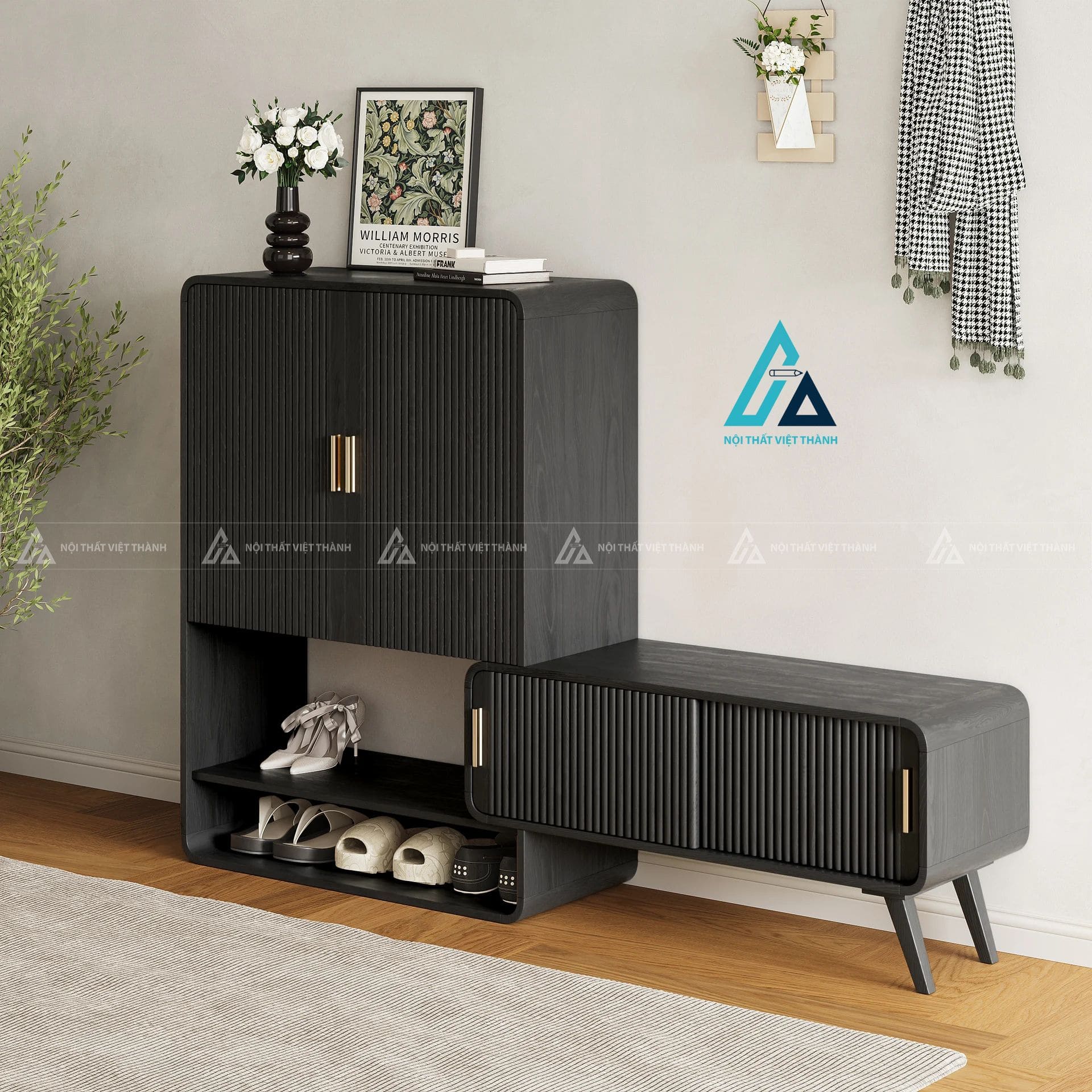 Tủ giày dép hiện đại thiết kế cửa sọc kết hợp ngăn kệ đa năng