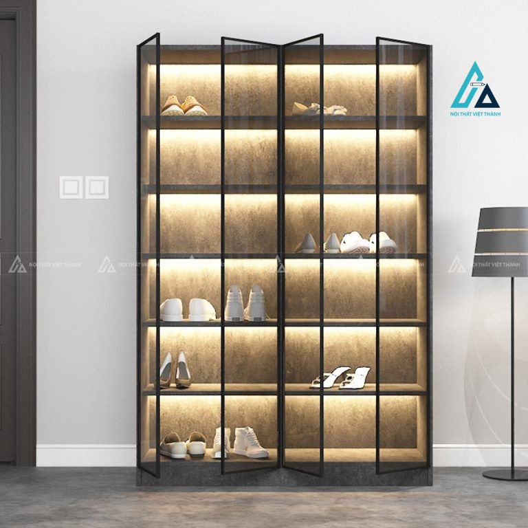 Tủ giày trưng bày đứng cánh kính kết hợp đèn led sang trọng 2